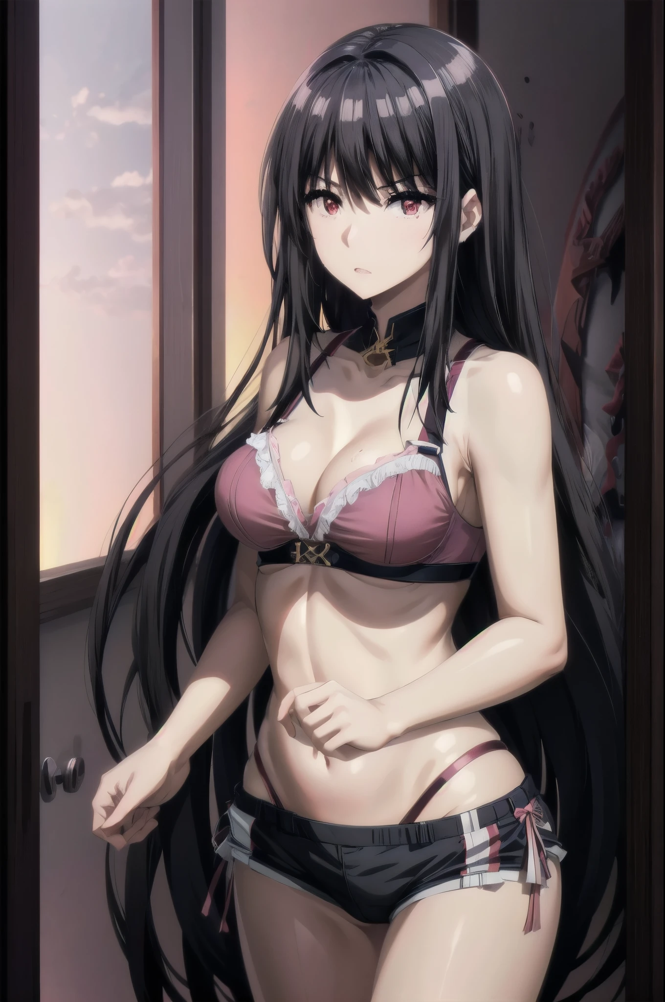 1girl,black hair,red eyes,medium breast,narrow waist,pink bra,pink underwear,standing straight,in the room