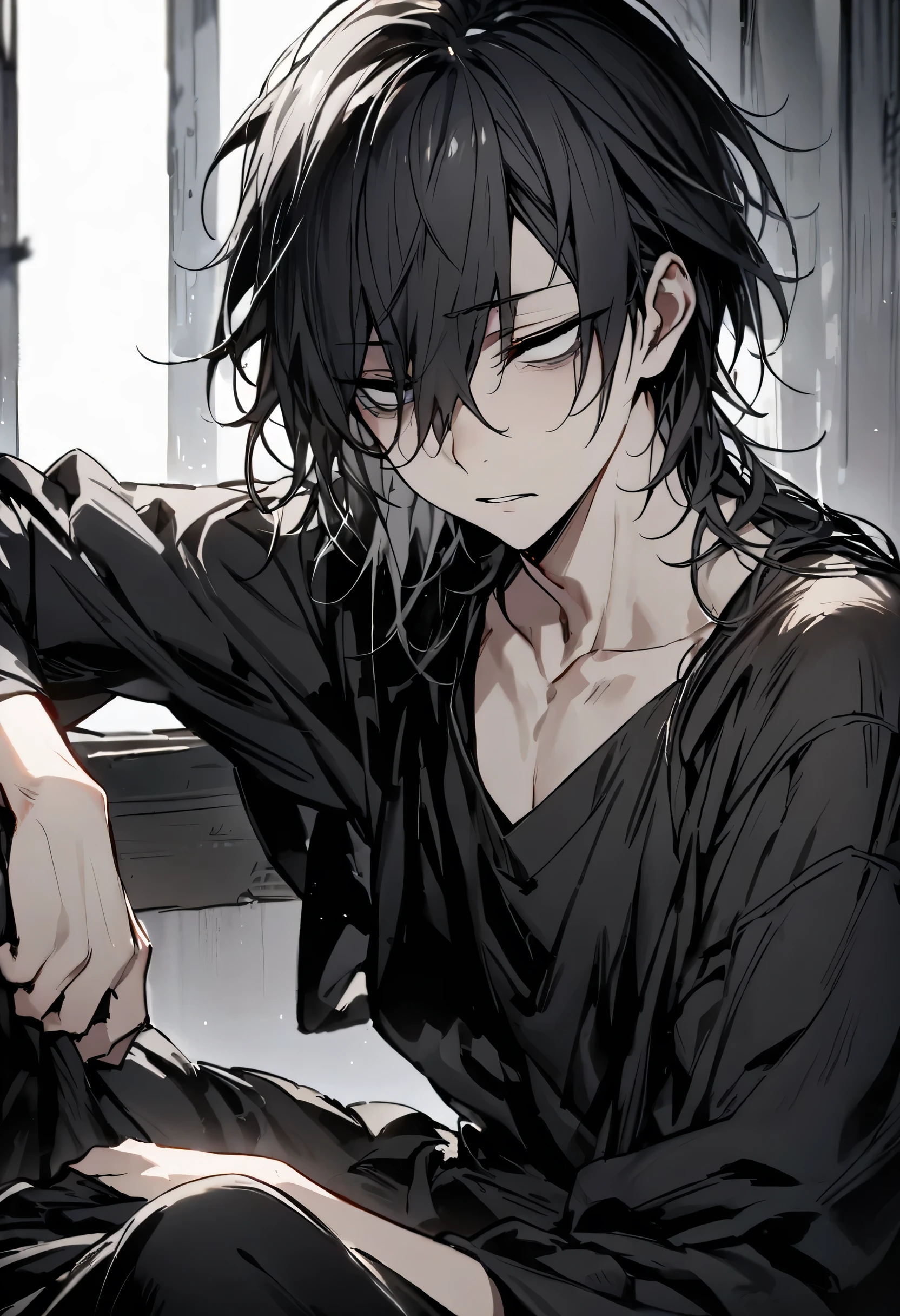 excellent, masterpiece, detailed, best quality, a young thin man in his mid twenties, he has hollow deep lying eyes, his eyes are gray, he has messy bright gray hair, his hair is shoulder long, he is pale, he wears a black white robe over a black pullover, he wears black pants