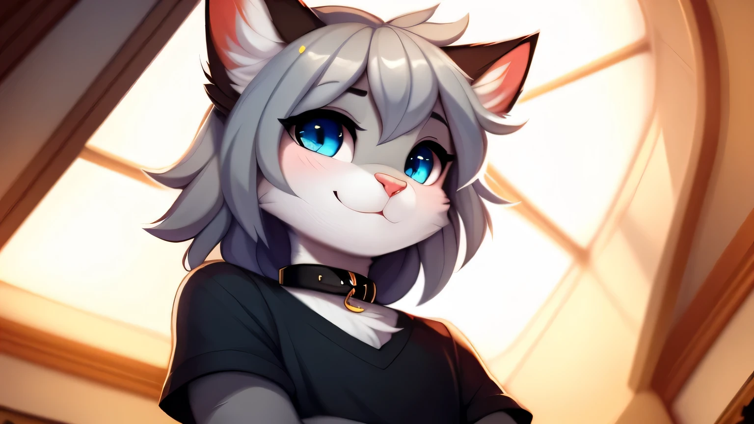 Nervous smiling, uploaded the e621, beautiful and detailed, man (((male))) ((anthro)) Cat, (Cat boy), by waspsalad, by phluks, by zero-sum, cinematic lighting, Cat, (anthro, fluffy fur, character focus:1.1), 1boy, anthro cat boy, body fur, gray fur, gray body, gray hair, long hair, curvy, sexy, nice, cute, hot, digital drawing, (half-closed eyes), blue eyes, black t-short, collar, penis, low-angle view, bottomless