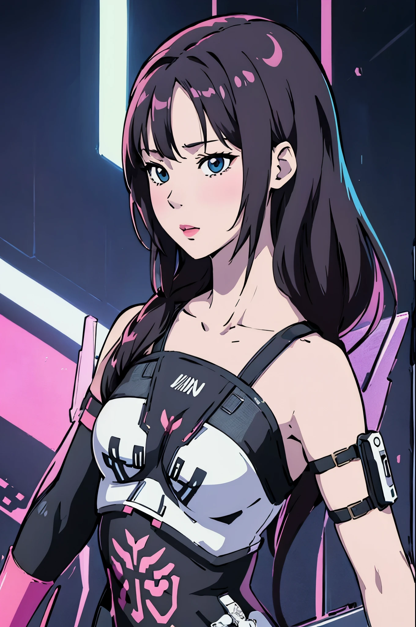 digital art drawing, illustration of (girl with pads on her skin, cyberpunk 2077), anime drawing/art, bold linework, illustration, digital art, masterpiece, flat illustration, no shadows, 8k resolution, high detail, vector art, only anime