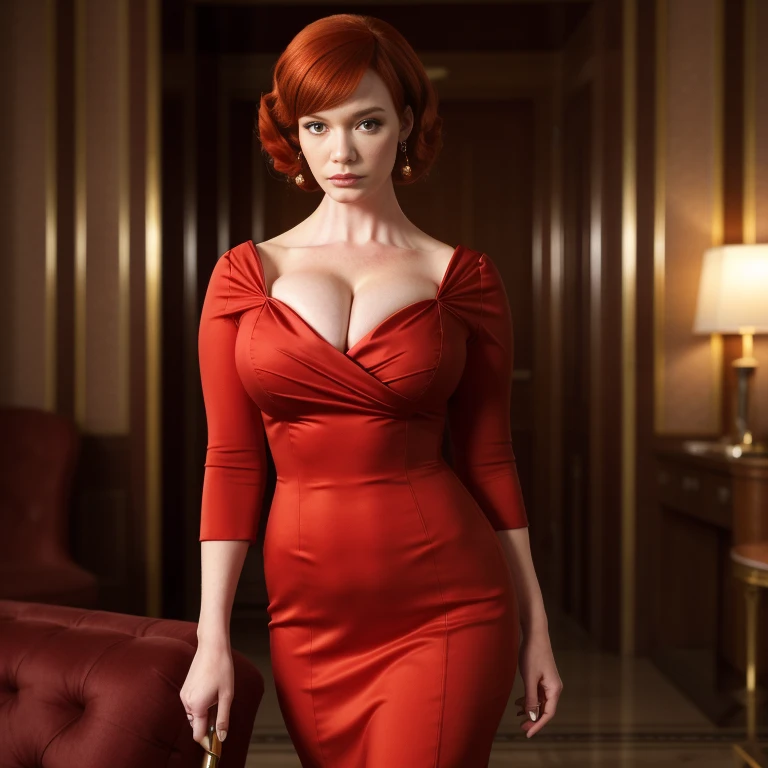 chr1sh3n as Joan Holloway, red cocktail dress, cleavage, red hair, perfect hands, make-up, in her 20's, Christina Hendricks, youthful, sexy, standing, 