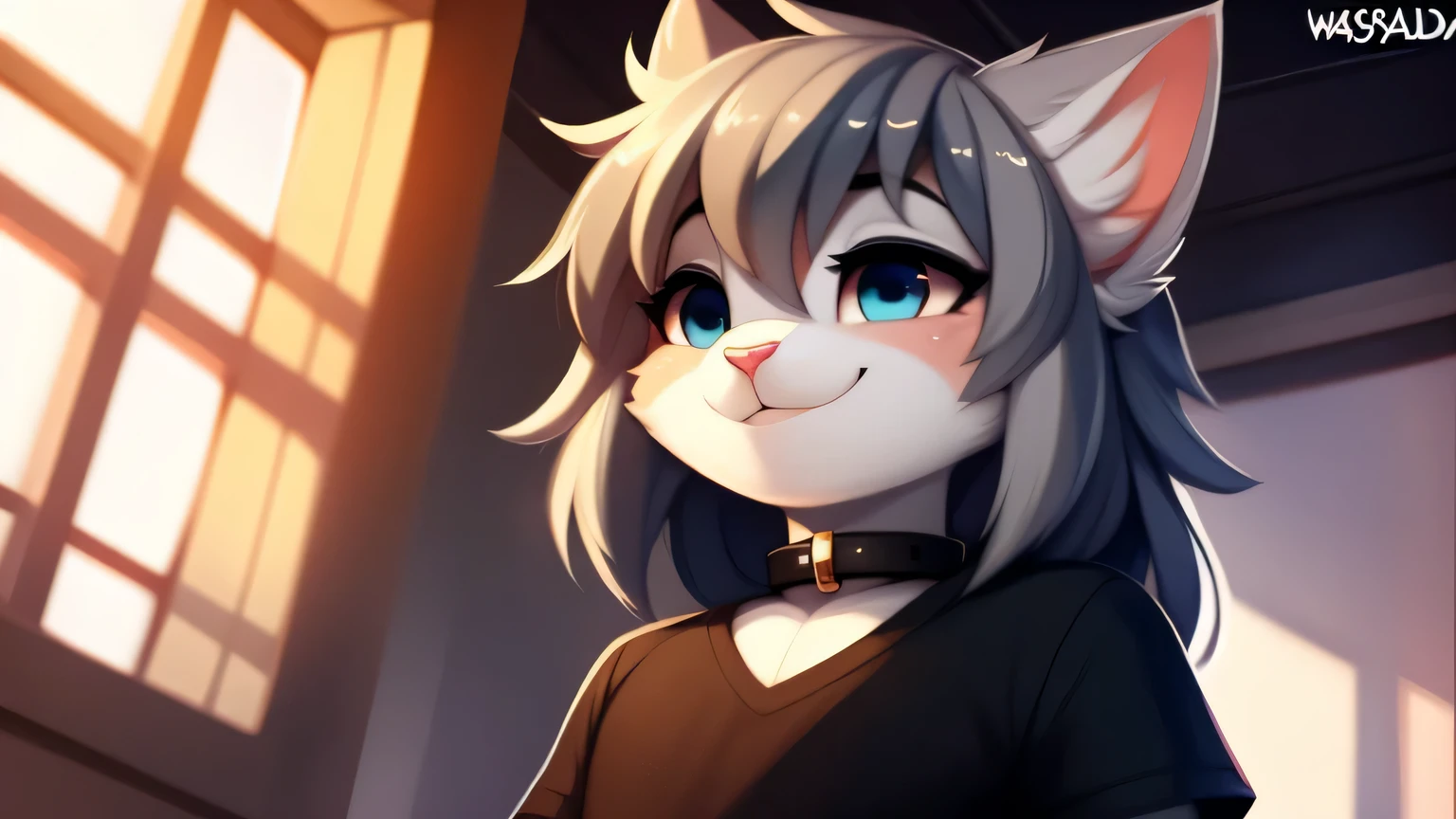 Nervous smiling, uploaded the e621, beautiful and detailed, man (((male))) ((anthro)) Cat, (Cat boy), by waspsalad, by phluks, by zero-sum, cinematic lighting, Cat, (anthro, fluffy fur, character focus:0.5), 1boy, anthro cat boy, body fur, gray fur, gray body, gray hair, long hair, curvy, sexy, nice, cute, hot, digital drawing, (half-closed eyes), blue eyes, black t-short, collar, penis, low-angle view, bottomless