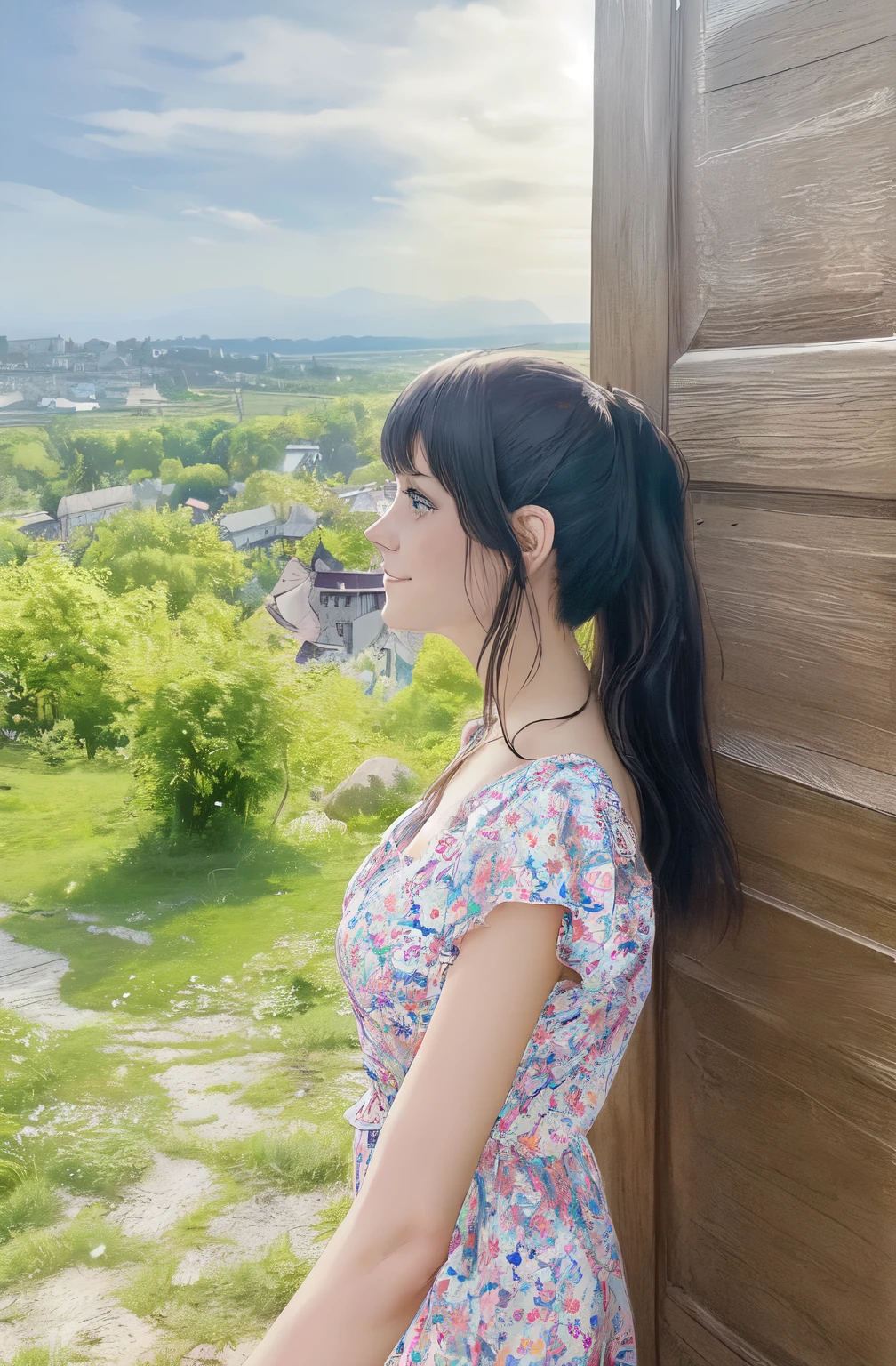 anime, Character, a girl stands in front of a wooden door overlooking the town, a beauty with bangs, Ukrainian girl, long hair with bangs, In the village, a beautiful view in the background, side portrait, head in profile, slight smile, in a floral summer light dress, hair with a ponytail at the back