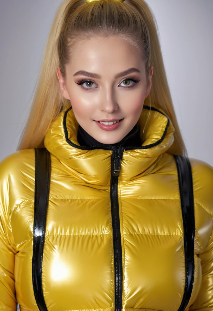 hyperrealistic beautiful 18-year-old women in shiny yellow puffer jacket latex catsuit, model shooting photography, very long blonde straight ponytail, dark eye makeup with eyeliner, seductive smile, flashing , 8K, best quality, Meisterwerk, ultra high resolution, (Realismus: 1.4), Originalfoto, (realistische Hautstruktur: 1.3), (Filmkorn: 1.3), (Selfie-Winkel), 1 girl, Beautiful eyes and facial details, Meisterwerk, best quality,