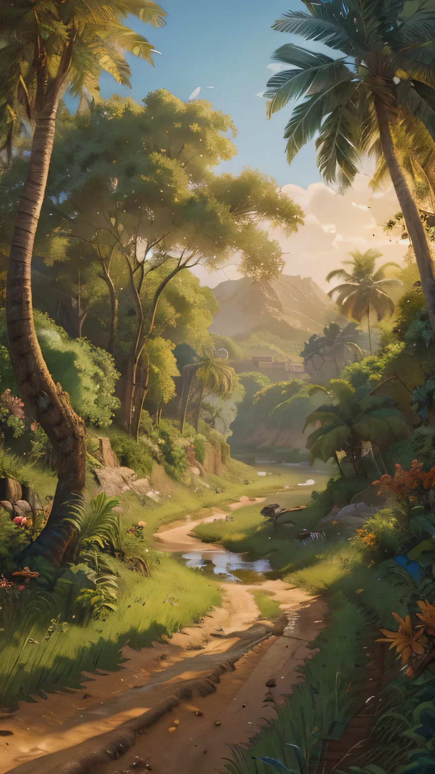 a painting of a dirt road with a river running through it, background artwork, amazing wallpaper, beautiful digital artwork, 4 k hd wallpaper illustration, tropical landscape, 3 d epic illustrations, scenery artwork, detailed game art illustration, bit realistic painting, highly detailed digital artwork, artwork about a road to , tropical atmosphere, amazing photorealistic graphics, anime countryside landscape