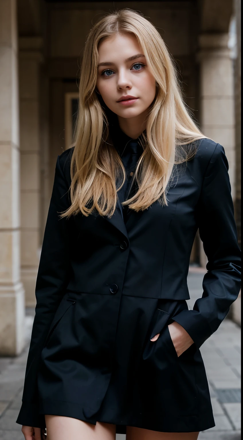photo of a blonde girl, cute girl, blue eyes, elegant clothes, ((face)), dark clothes.