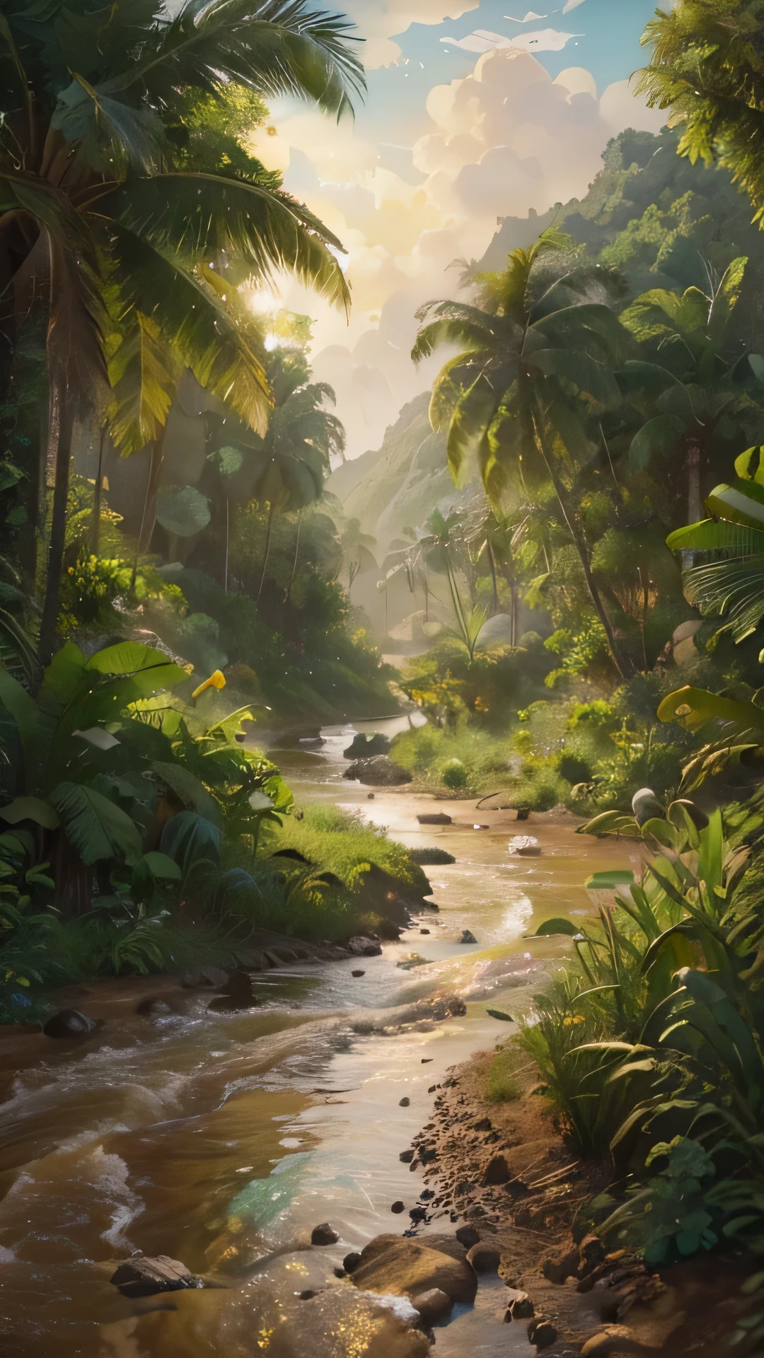 a painting of a dirt road with a river running through it, background artwork, amazing wallpaper, beautiful digital artwork, 4 k hd wallpaper illustration, tropical landscape, 3 d epic illustrations, scenery artwork, detailed game art illustration, bit realistic painting, highly detailed digital artwork, artwork about a road to , tropical atmosphere, amazing photorealistic graphics, anime countryside landscape
