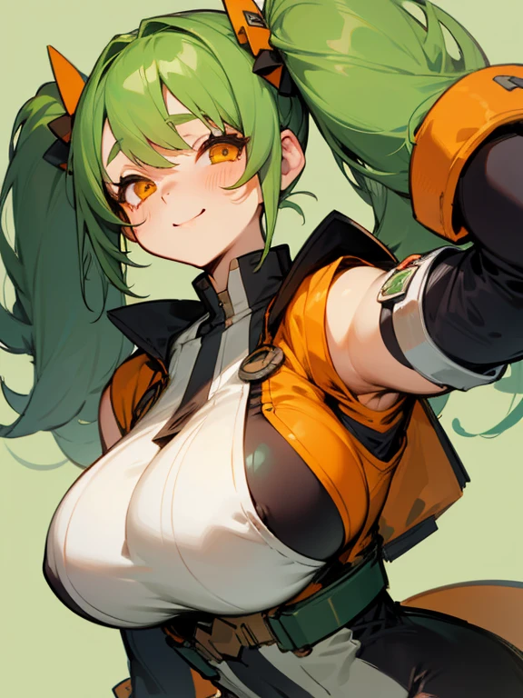 1girl, solo, , masterpiece, disproportionate breasts,chubby body ,gigantic breasts, sagging breasts, oppai, 13years, twintail hair, green hair, slanted eyes, orange eyes, gentle smile,