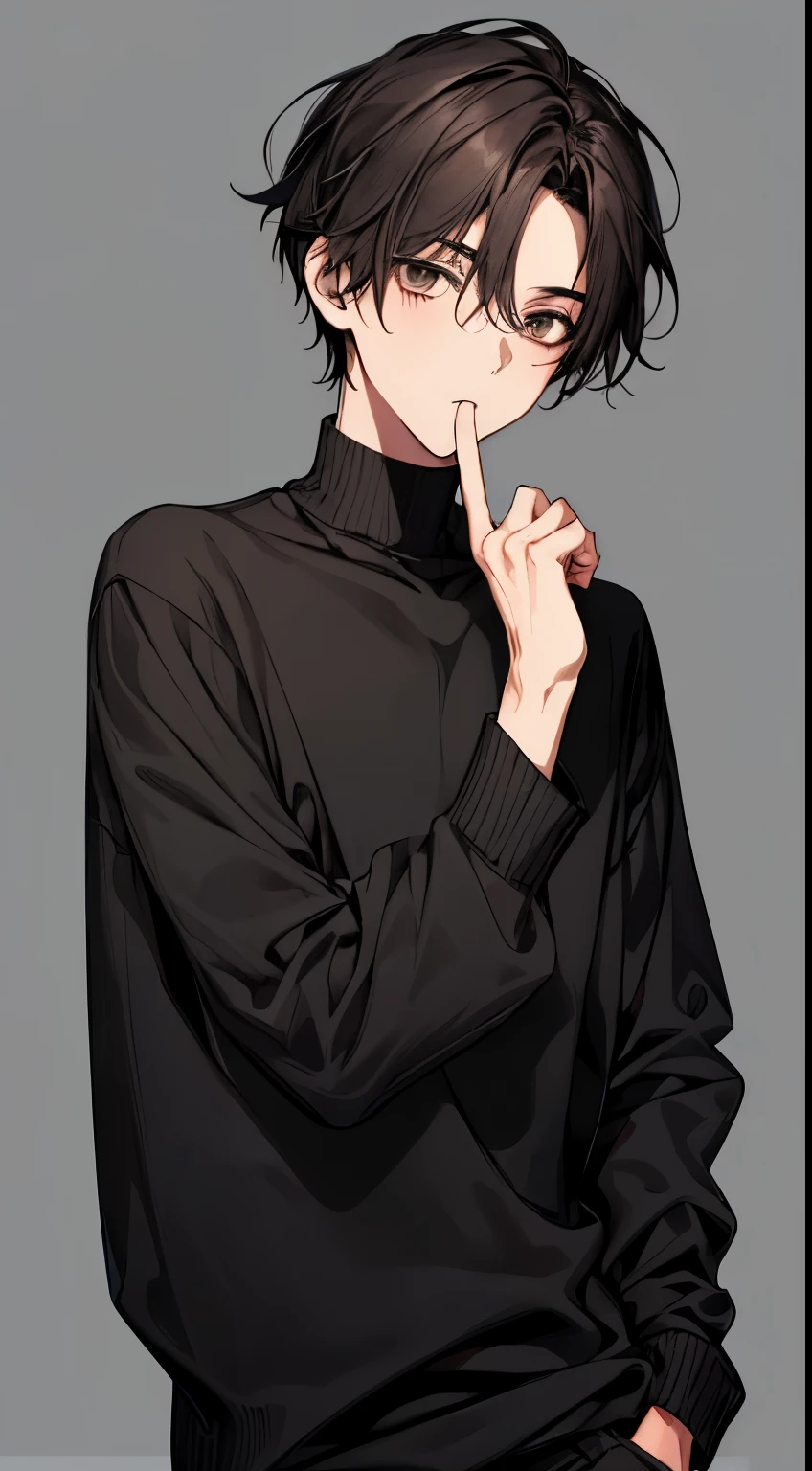 1 Boy, Face Focus, Adults, Black Collarless Sweater, Top Quality, Acceptance, Detailed Face, Simple Background, Dark Hair, Waist Length