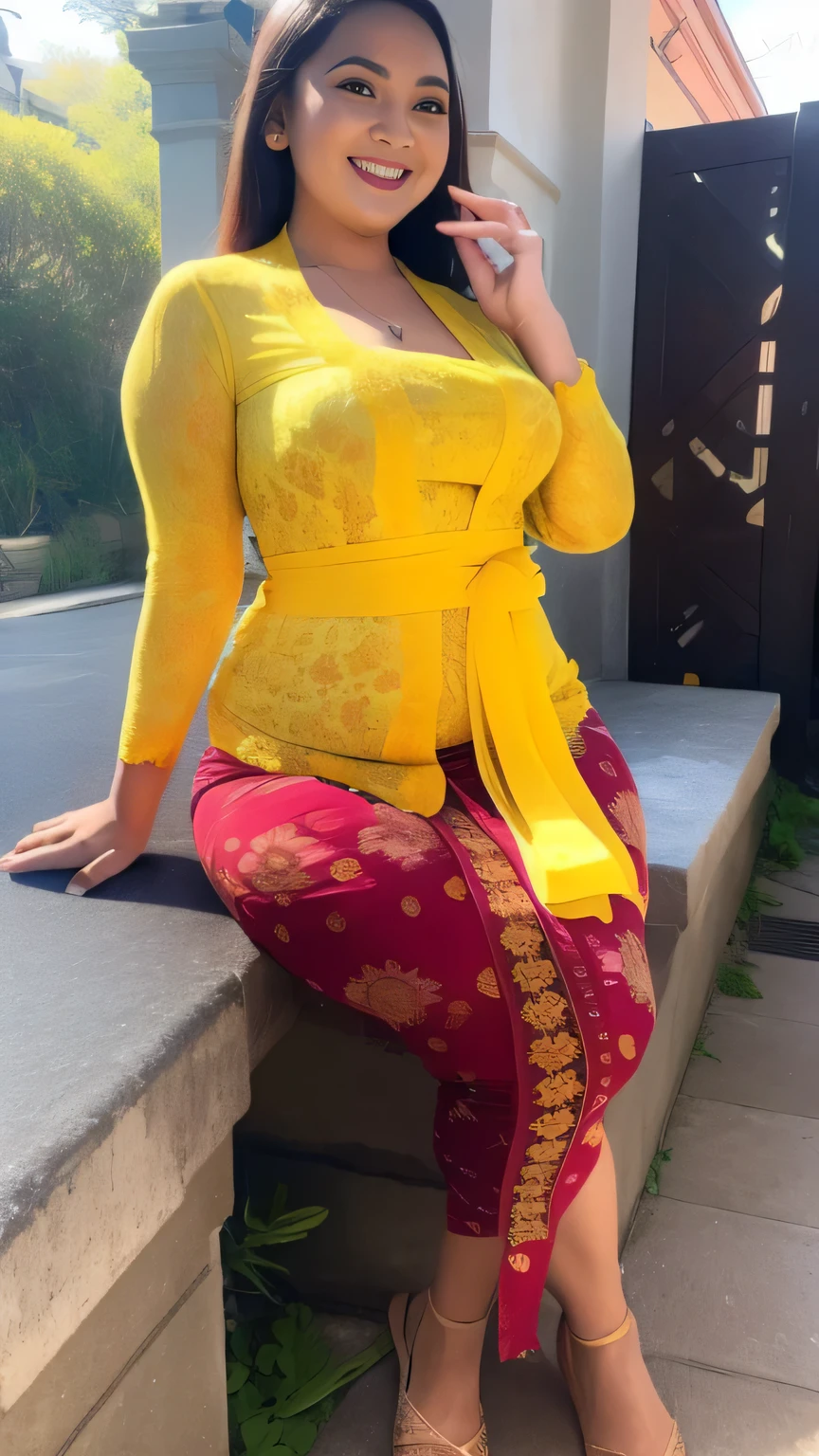 1girl, (yellow_kebaya_bali), (kebaya_bali), sunlight, sitting, nature, outdoors, detailed face, detailed eyes, chubby breasts, chubby body, Big full butt, arms proportional to her body, Big ass, big thighs, shiny skin, looking at the audience, (laughing cute: 1.2), (happy), (8k, RAW photo, best quality, masterpiece: 1.2), (realistic, realistic: 1.37), ultra-high resolution,