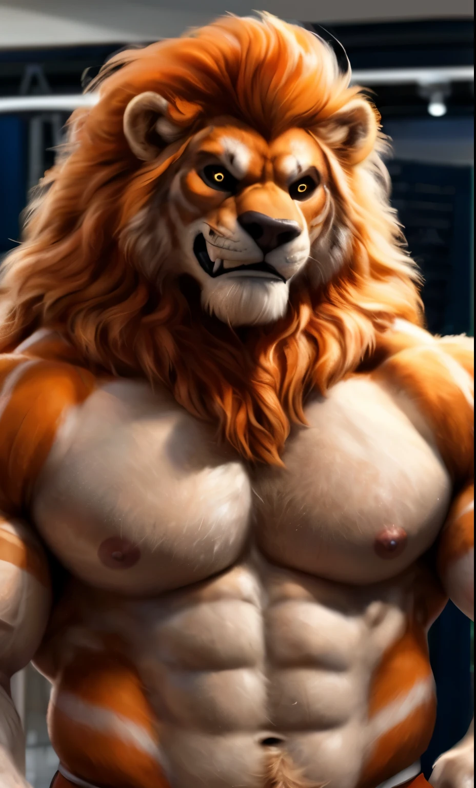 Lion face, wolf face, anthro, portrait, (((full body portrait))), (open white robe), (((white robe))), sleeveless, brown face, showing chest, (((orange and cream horizontal stripes fur))), huge mane, (((showing hest))), voluminous mane, (white pants), (((orange hair))), (((orange and cream horizontal stripes body))), flexing bicep, straight hair, muscular biceps, (((orange mane))), (((big mane))), (((hyper mane))), big mane, white eyes, (((black sclera))), bodybuilder body, hyper muscles, male, (nipples), solo, adult, abs, big pecs, huge muscles, looking at viewer, front, detailed face, flexing, posing, (big eyes), beautiful eyes, muscular chest, muscular pecs, muscular face, beefy, (((gym background))), (((big toothy smile))), (((big smile))), (((angry smug evil face))), by bruteandbrawn, by personalami, by kenket, (intricate, high detail, film photography, soft focus, RAW candid cinema, photorealism, realistic, photorealistic, analog style, subsurface scattering, masterpiece, best quality, ultra realistic, 8k)