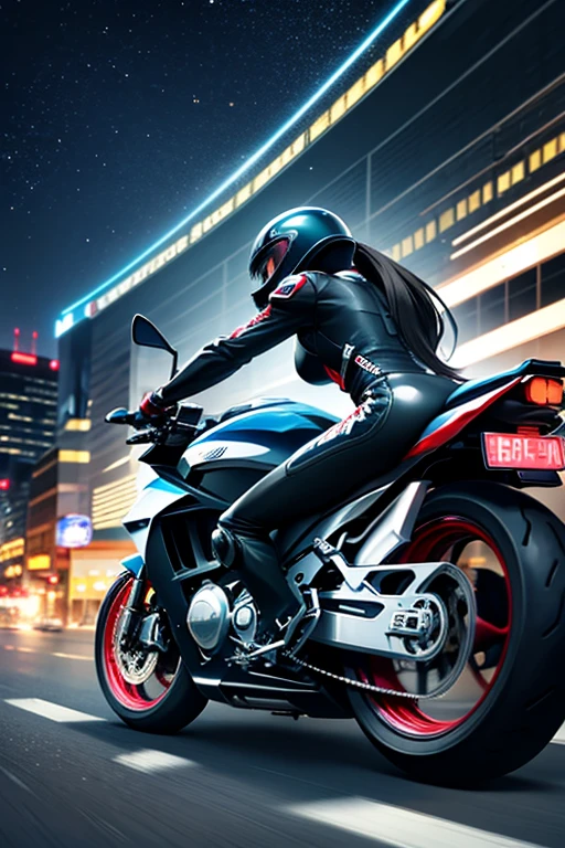 Motion Blur effect, Ride your motorbike and fly through the streets of a big city, high speed, Motion Blur, Focus on female bike riders, Rider suit and helmet、Flight, Anime Cartoon Style, clear