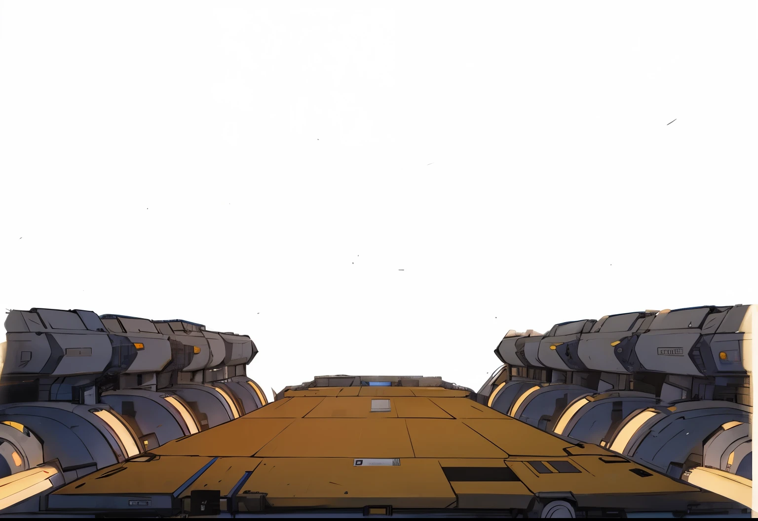 there is a big and long table with many barrels on it, plano geral de uma batalha de nave espacial, nave espacial voa ao longe, Planeta Natal style, big train in space, nave espacial longe no fundo, Naves espaciais de carga, fundo do corredor da nave espacial, Naves Estacionadas, Olhando para naves espaciais no cais, compartimento de carga da nave estelar, Planeta Natal, an epic spaceship scene