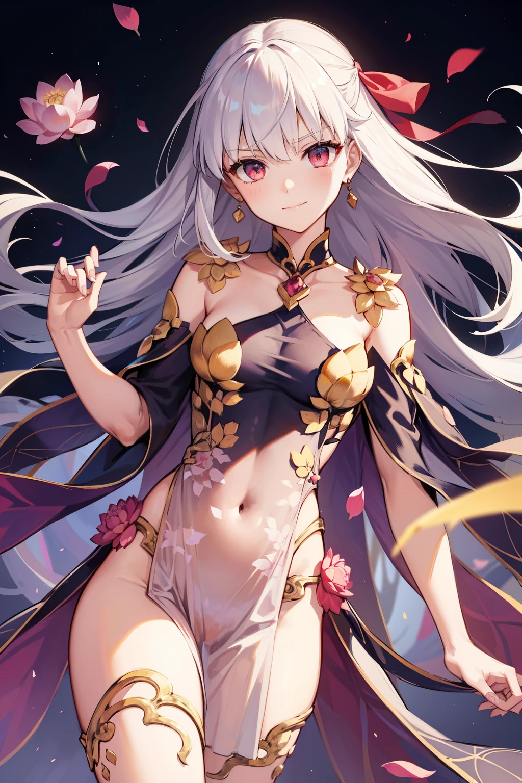 (high quality, Breathtakingly beautiful),(Expressive eyes, Perfect Face) 1 Female, girl , alone, young , White Hair, Red colored eyes, Red ribbon in hair, A kind smile, Medium length hair, Hair loss, Side bangs, Wavy Hair, slightly narrowed eyes, View your viewers, Half Body, カーマFate Grand Order, Kama-like clothing, elegant, dress, Adult, Ascension 5, Lotus flower
