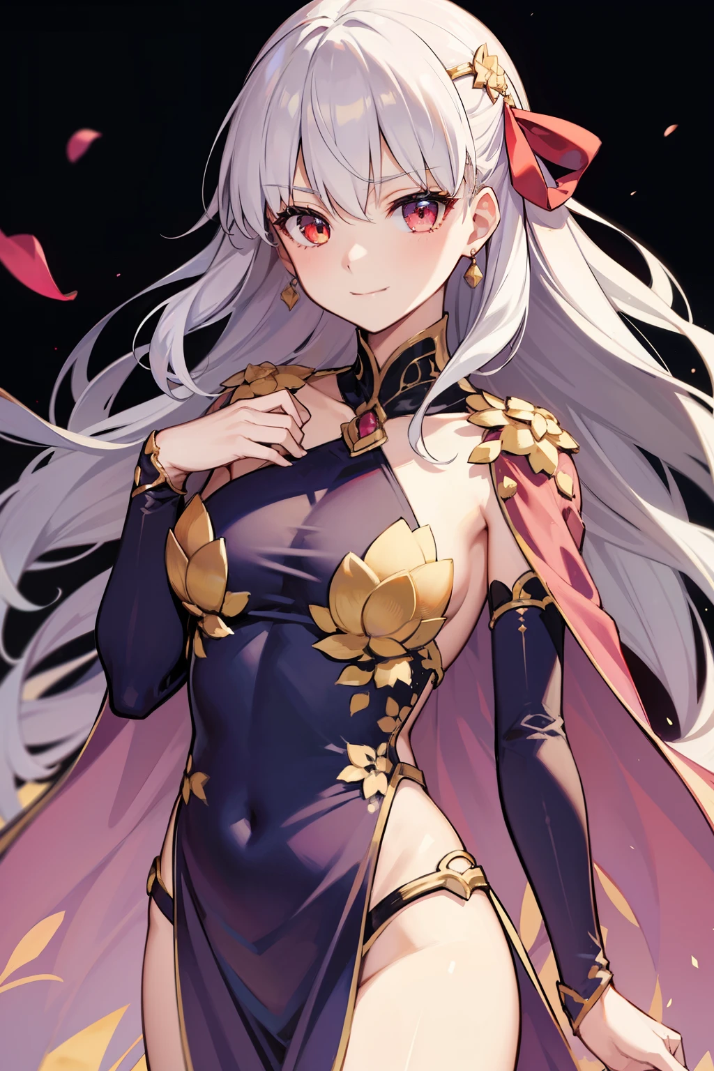 (high quality, Breathtakingly beautiful),(Expressive eyes, Perfect Face) 1 Female, girl , alone, young , White Hair, Red colored eyes, Red ribbon in hair, A kind smile, Medium length hair, Hair loss, Side bangs, Wavy Hair, slightly narrowed eyes, View your viewers, Half Body, カーマFate Grand Order, Kama-like clothing, elegant, dress, Adult, Ascension 5, Lotus flower
