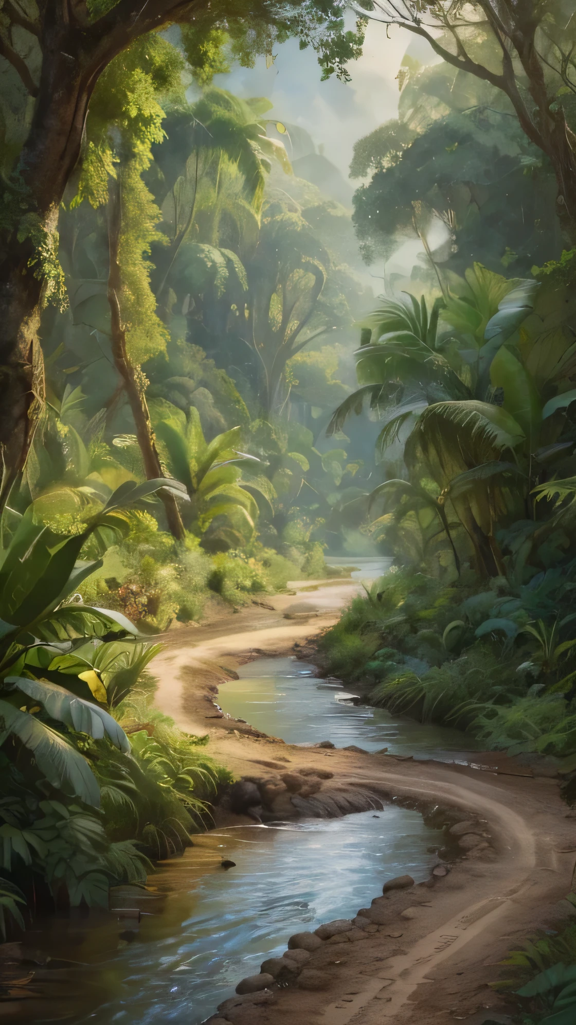a painting of a dirt road with a river running through it, background artwork, amazing wallpaper, beautiful digital artwork, 4 k hd wallpaper illustration, tropical landscape, 3 d epic illustrations, scenery artwork, detailed game art illustration, bit realistic painting, highly detailed digital artwork, artwork about a road to , tropical atmosphere, amazing photorealistic graphics, anime countryside landscape