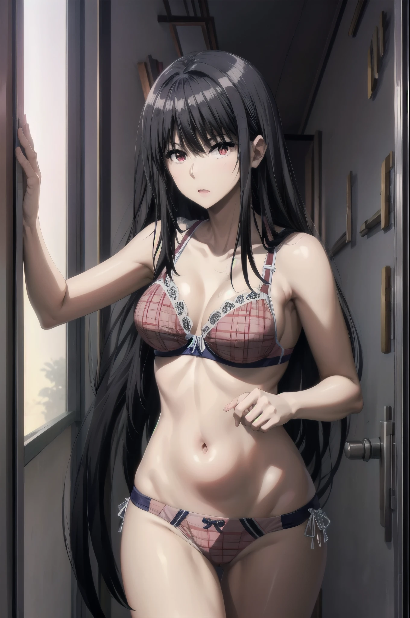 1girl,black hair,red eyes,medium breast,narrow waist,pink bra,pink underwear,standing straight,in the room
