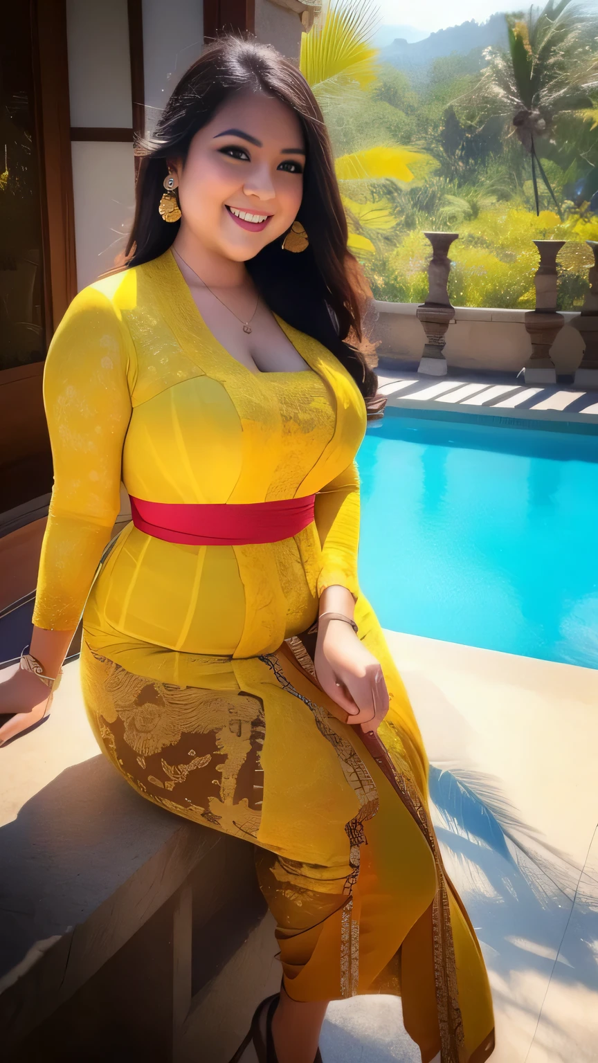 1girl, (yellow_kebaya_bali), (kebaya_bali), sunlight, sitting, nature, outdoors, detailed face, detailed eyes, chubby breasts, chubby body, Big full butt, arms proportional to her body, Big ass, big thighs, shiny skin, looking at the audience, (laughing cute: 1.2), (happy), (8k, RAW photo, best quality, masterpiece: 1.2), (realistic, realistic: 1.37), ultra-high resolution,