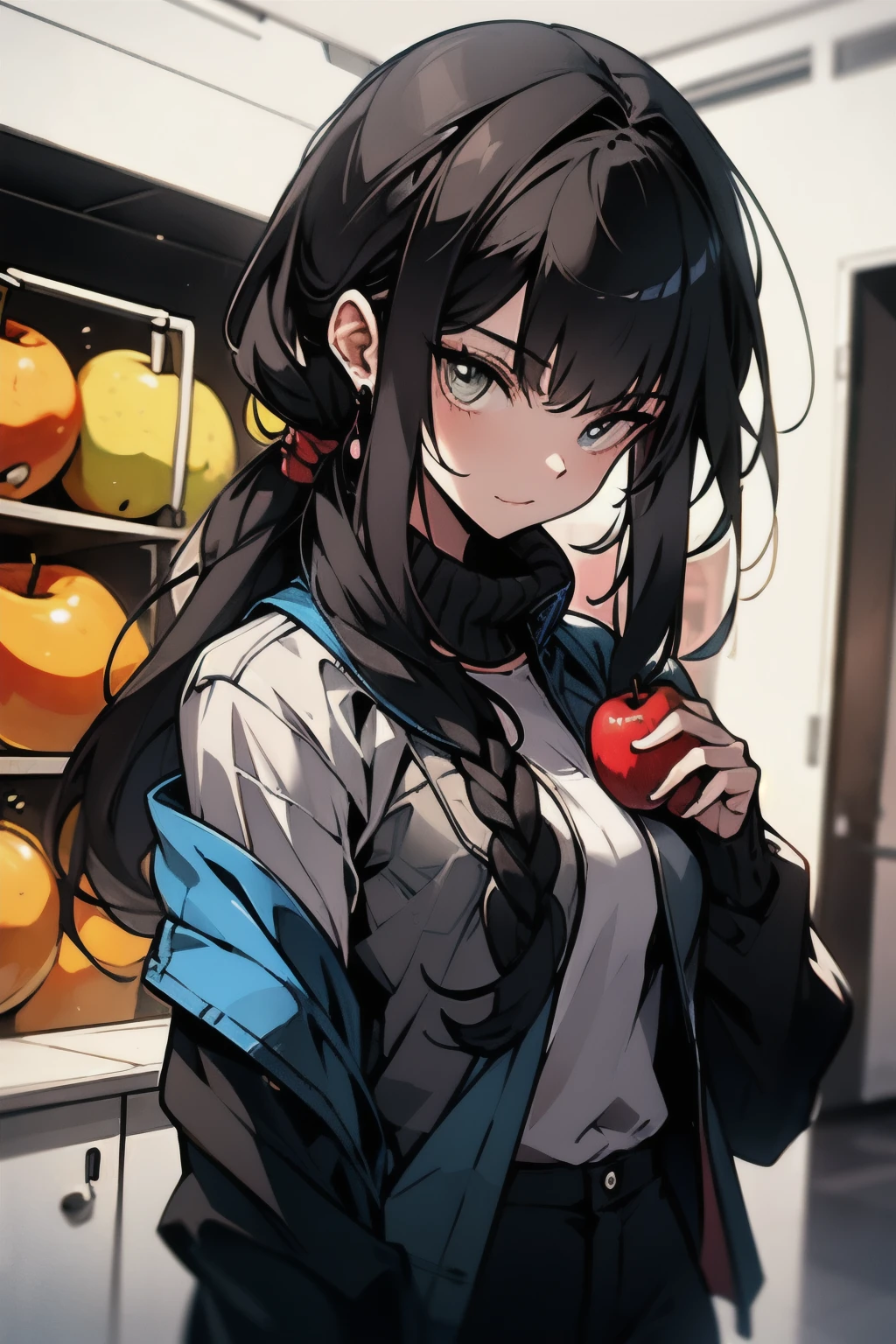 ((best quality)), ((artwork)), (detailed), perfect face thin woman , blue eyes, long curly black hair tied in a ponytail, wearing black jeans and a turtleneck sweater. The jacket was a thin black windbreaker, holding an apple