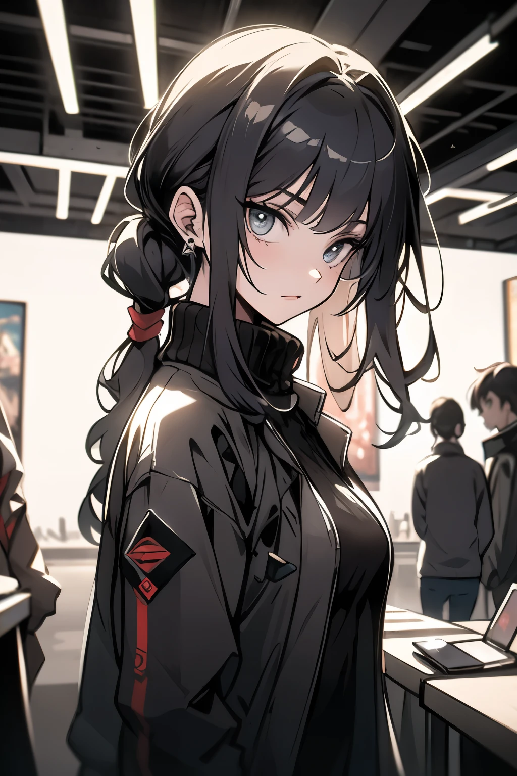 ((best quality)), ((artwork)), (detailed), perfect face thin woman , blue eyes, long curly black hair tied in a ponytail, wearing black jeans and a turtleneck sweater. The jacket was a thin black windbreaker, holding an smartphone