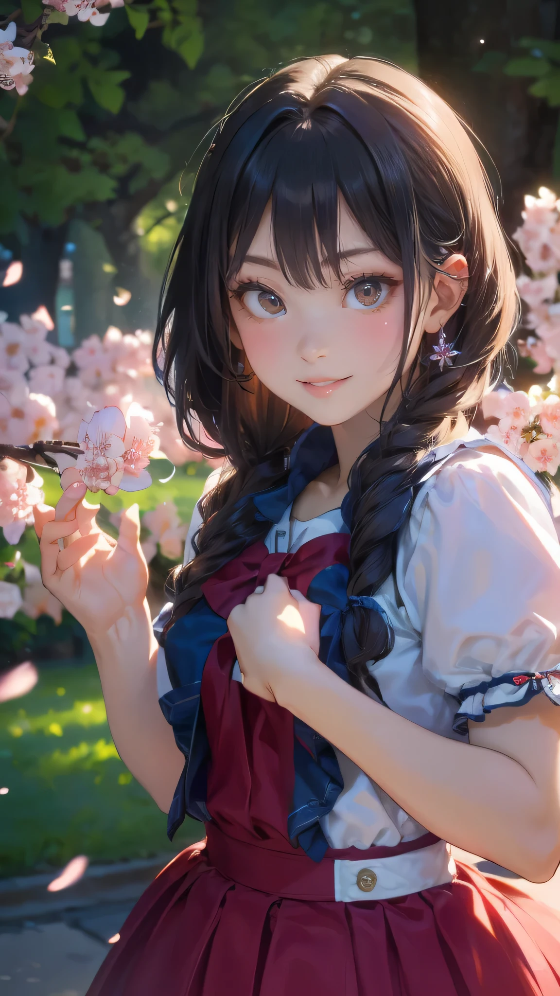 A park where cherry blossoms dance,high school girl,(random cute pose),(random hairstyle),(Highest image quality,(8K), Ultra-realistic, Best Quality, High quality, High Definition, high quality texture, high detailing, Beautiful detailed, fine detailed, extremely details CG, Detailed texture, realistic representation of face, masterpiece, presence)