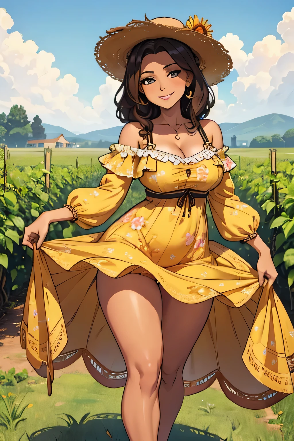 portrait of a chocolate haired mature girl milf in a patterned yellow sundress, wearing straw-hat with flowers, vineyard background, (masterpiece), hi-res, highly detailed, cleavage, smile, show thong, cameltoe, lift dress, full body,