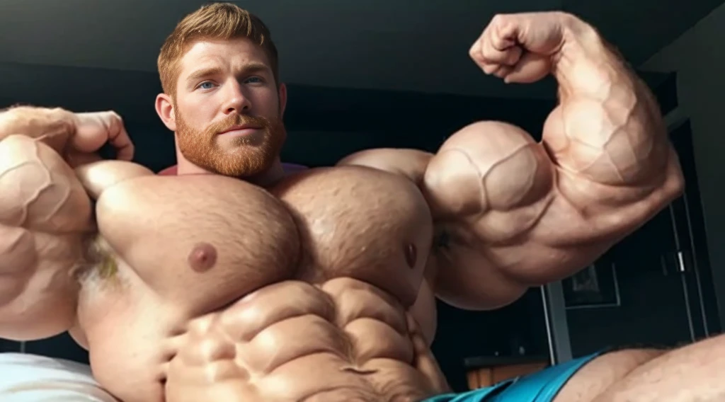 ginger daddy with blue/green eyes, (handsome:1.9), hung, (Muscular:1.6), flexed chest, (Huge Bulge:1.3), soft smile, wearing nothing but a bowtie, beard, ginger, (gigantic bodybuilder:1.6), (strongly flexed pectoral muscles:1.4), (vascular pectoral muscles:1.5), Face the mix of Jensen Ackles and Josh Hutcherson on a matured man with a beard, (showing off biceps:1.5), laying in bed, (flexing:1.3)