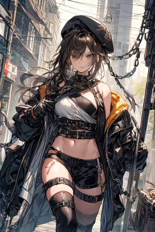 ubel,dark green hair,long hair,side ponytail,hair between eyes,bangs, BREAK (beret, black jacket, open clothes, cleavage, midriff, black shorts, black thighhighs, thigh strap, fingerless gloves, single glove:1.2), Photo,sharpness, F1.6 lens,hyper-realistic textures,spectacular light textures, Cinestil 800 Fashion Mechanics,(((Beautiful woman with left leg restrained and hung by chains))),Appearance,Beautiful girl with accentuated slender abs: 1.1,six-pack abs: 1.1, Bust Botox,Standing on tiptoe, long legs,Long brown hair fluttering in the wind,Brown hair, Long hair, Female Warrior Costume,(No panties,No bra),(tacticul battle fashion,elbow and knee tacticul battle fashion, battle glove: 1.1),((cute batre costume)),The belly comes out and the navel is visible,Thin sheer costume, combat gloves,shredded costumes,cyber long combat boots with golden knee pads,Anatomical,(futuristic sci-fi battle fashion, new elbow and knee cyberpads, new cyberlong boots, new cybergloves: 1.1),(tied perfectly by iron chain), Restraint, Slave, collars, contempt, (Chained), 4 chains hung from heaven, Metallic shackles and fetters, wet crotch clearly visible,((Hands are restrained above the head)), the neck is chained,Chain from left knee to heaven,Chained by rusty iron chains,((the tip is protruding, areolas protruding,The shape of the pubic area is clearly visible:1.2)),Sweating,Wet,Wet crotch,Wet thighs,Junkyard, Realistic, (cute, perfect clothes, skimpy clothes, cute: 1.3) ,Vast miritary base in us,((wide mirtary hospital with summer sunlight)), peeling ceilings, Rebar between, Realistic material details, Extreme details, Ultra-realistic materials,narrow waist,(with sparkling eyes and a contagious smile:0.9),looking at viewer,