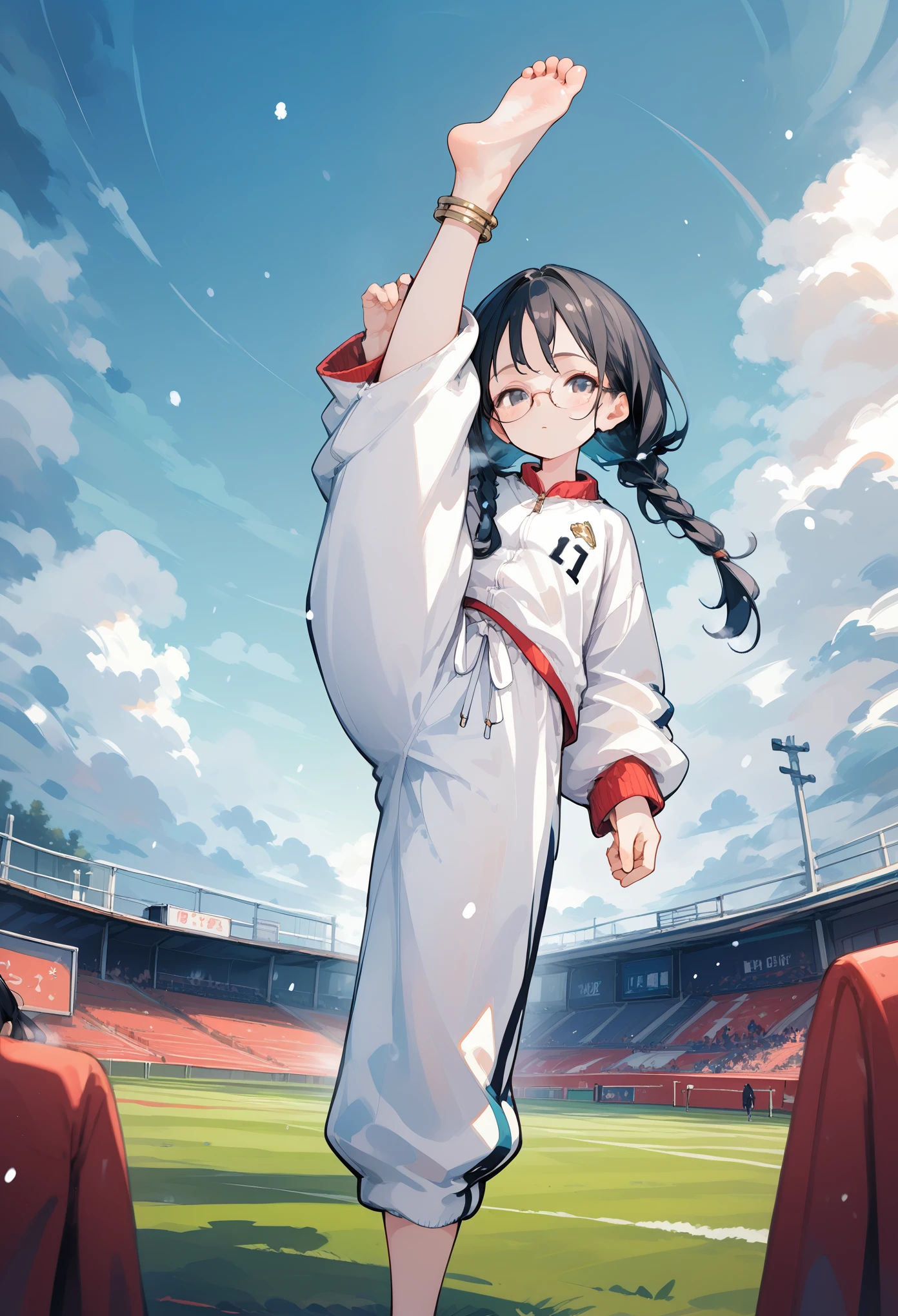 score_10,score_9_up,score_8_up,score_7_up,1girl,solo,black hair,baggy blue and white track suit,baggy blue and white track pants,glasses,black hair,low twin braids,barefoot,soles,from below,anklet,school field,blue sky,crowd,cloudy sky,snowing,snow,breath,steaming feet,standing split, standing on one leg,****,petite,full body