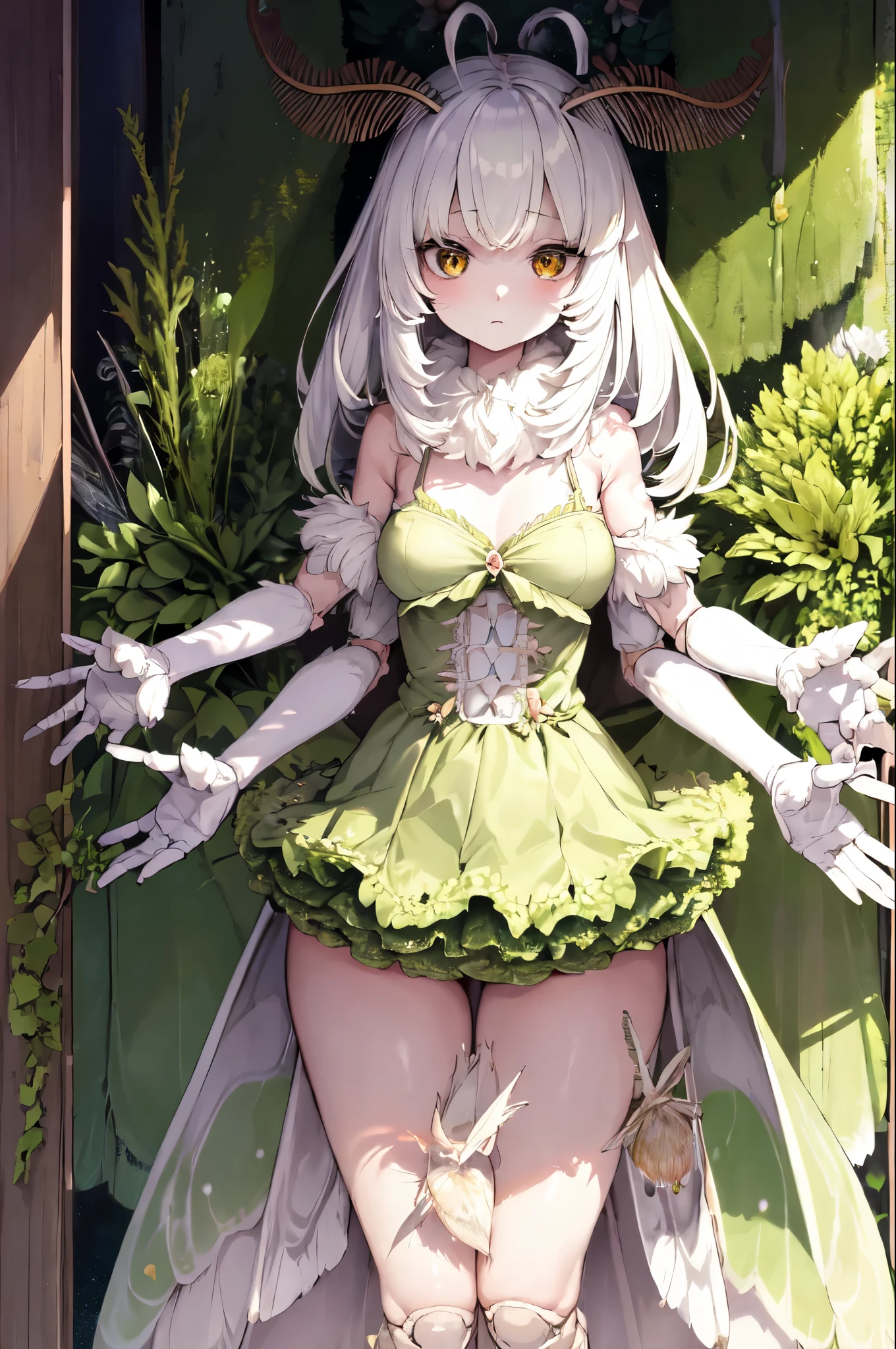 Moss Girl CPT, Moth antennae, moth wings, joint, alone, One girl, n/a, Four outstretched arms, Sparkling morning light, artichoke_thistle \(flower\), flowerの背景, flower屋で働く, 