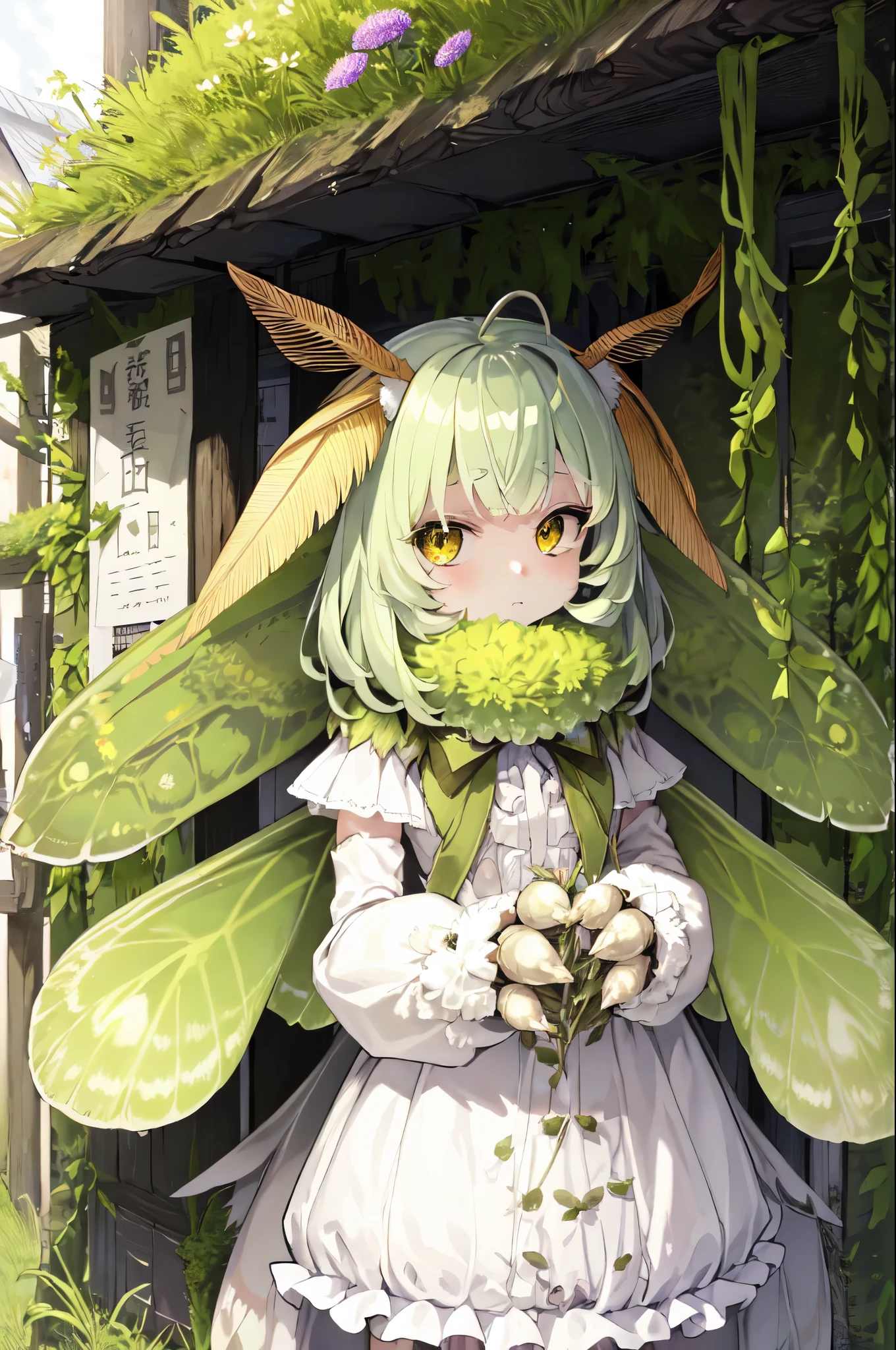 Moss Girl CPT, Moth antennae, moth wings, joint, alone, One girl, n/a, Four outstretched arms, Sparkling morning light, artichoke_thistle \(flower\), flowerの背景, flower屋で働く, 