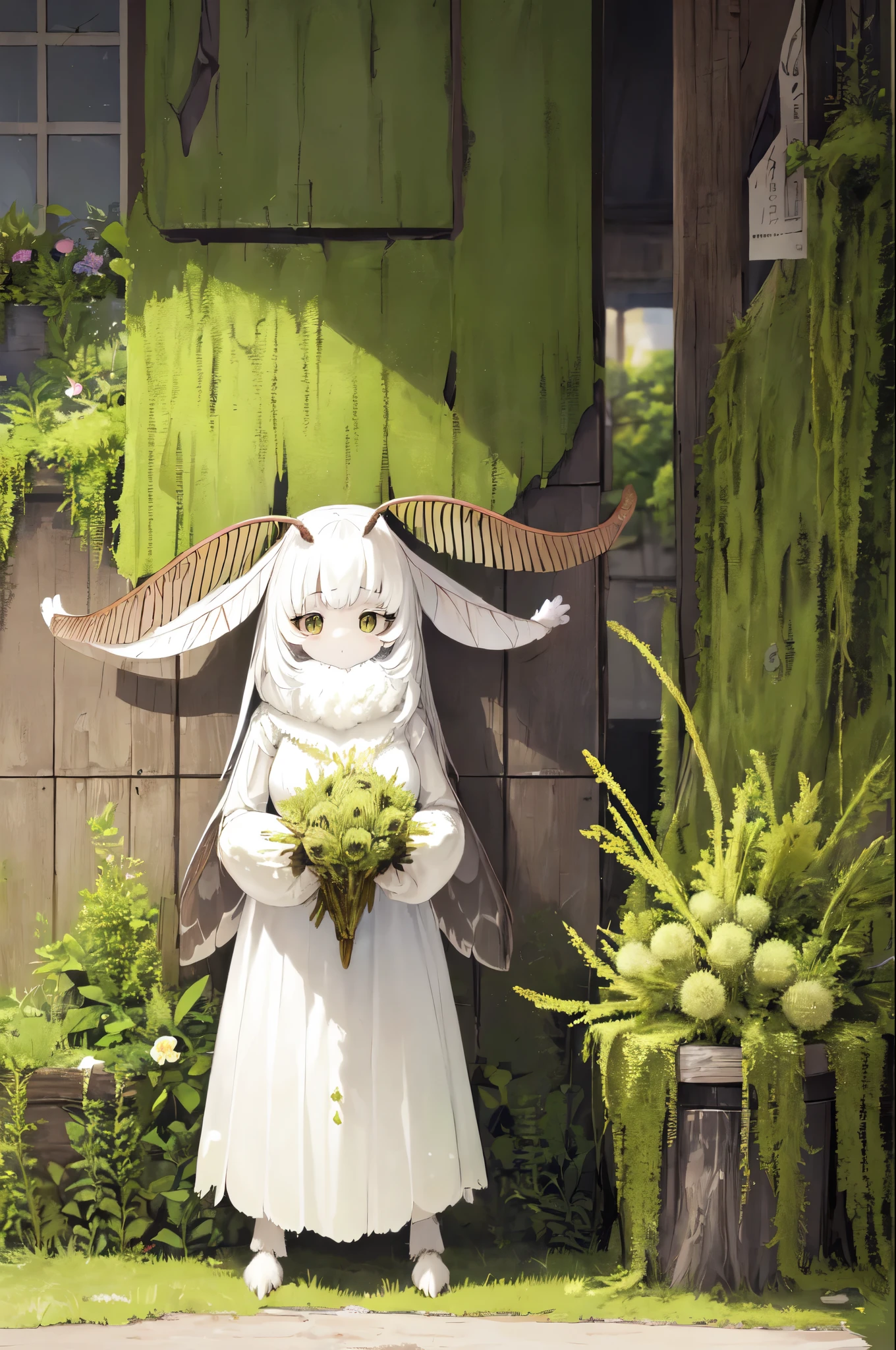 Moss Girl CPT, Moth antennae, moth wings, joint, alone, One girl, n/a, Four outstretched arms, Sparkling morning light, artichoke_thistle \(flower\), flowerの背景, flower屋で働く,