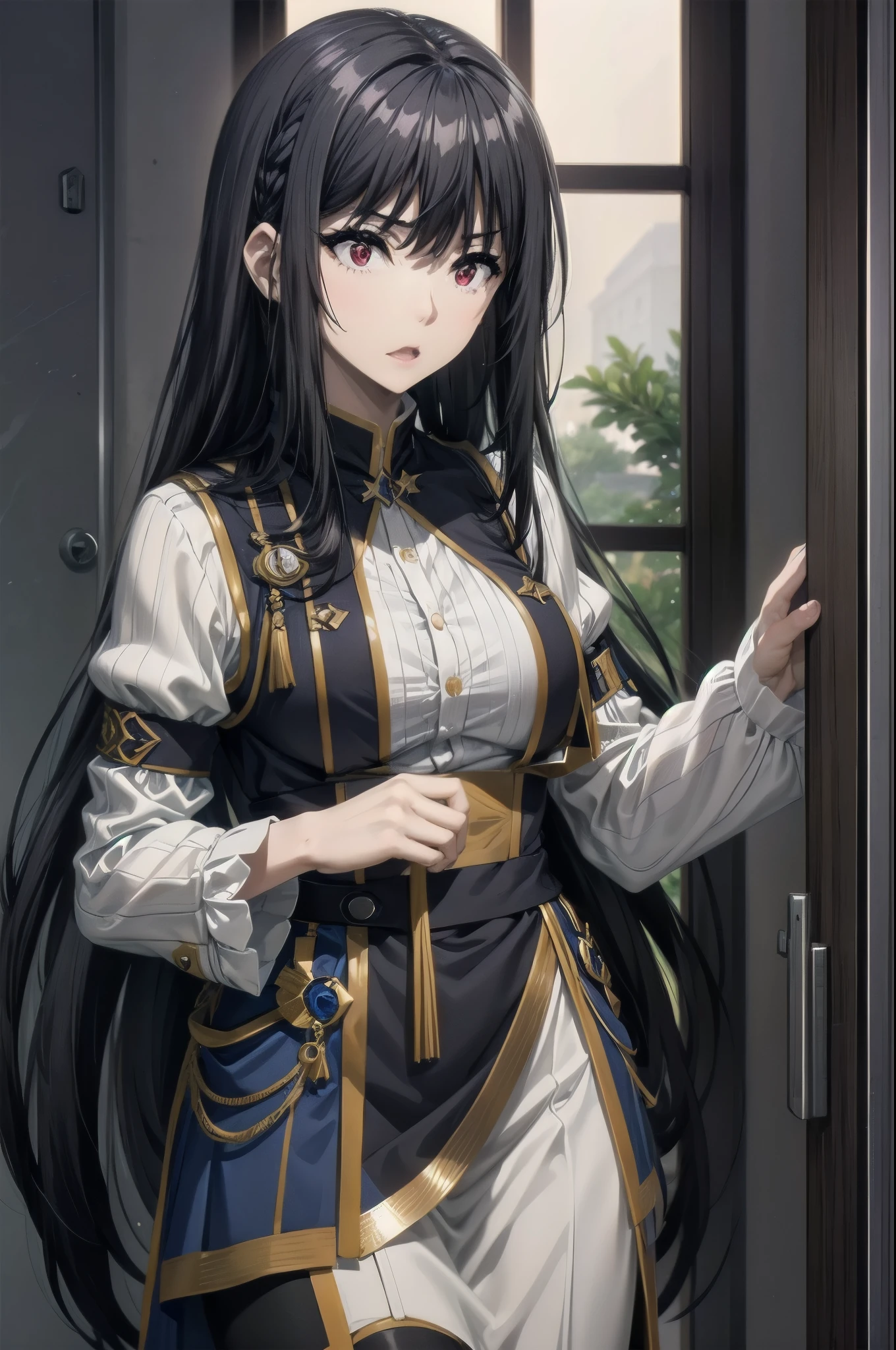 1girl,black hair,red eyes,medium breast,narrow waist,