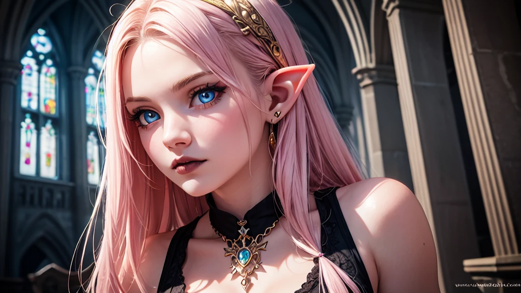 RAW, professional photograph, medium shot, photorealistic, hyper-realistic, ray tracing, super detail, UHD, 8k, female elf, twenty years old, goddess, gold jewelry, athletic body, soft facial features, long hair, straight hair, light pink hair, blue eyes, gothic style, dark Castle, gothic architecture