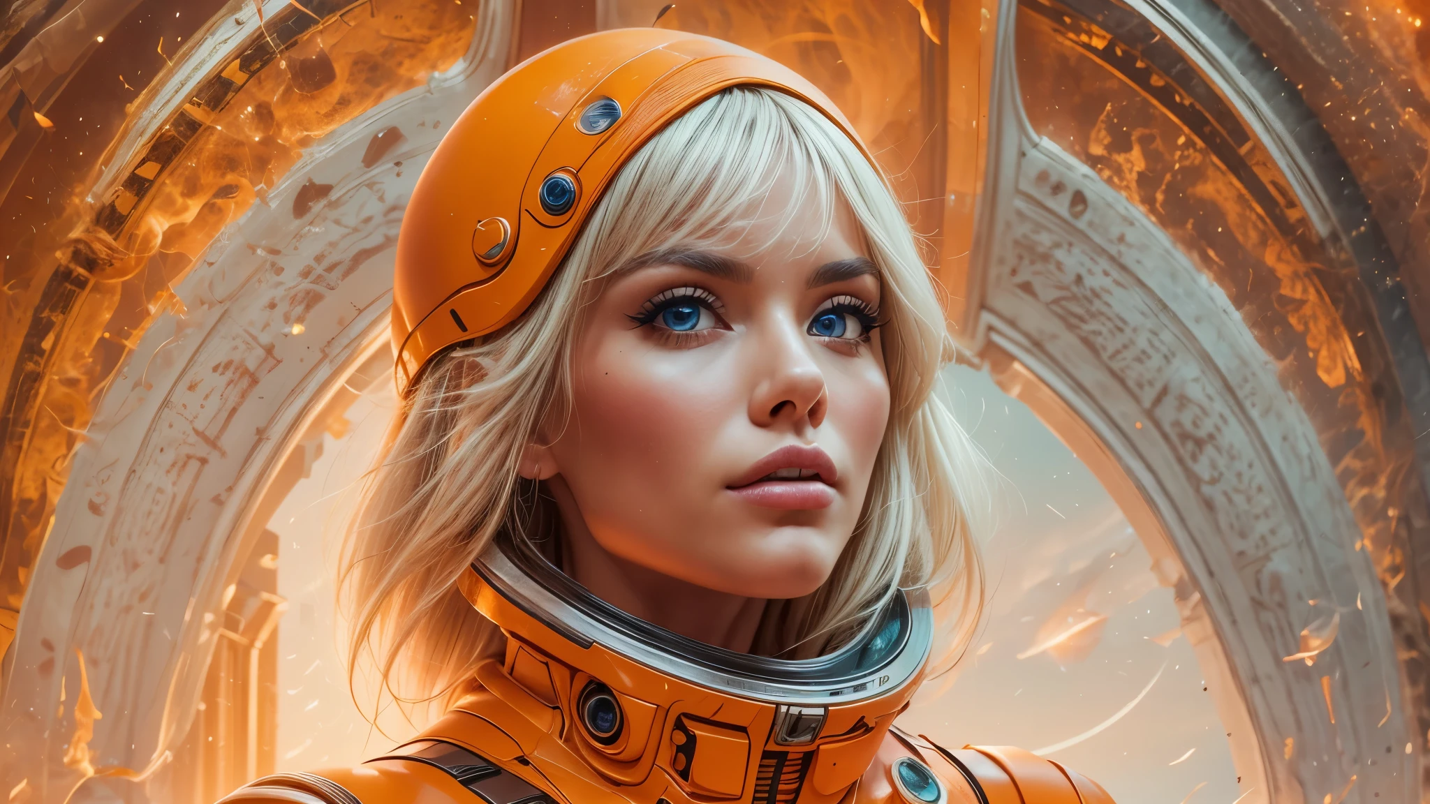 arafed image of a white woman in a futuristic suit with a spaceship in the background, movie art, in front of an orange background, inspired by Robert McGinnis, female protagonist, megastructure in the background, portrait of an ai astronaut, astronauts, an astronaut, portrait of a astronaut skeletor, perfect android girl, detailed eyes, perfectly detailed teeth, frank franzzeta and sakimichan