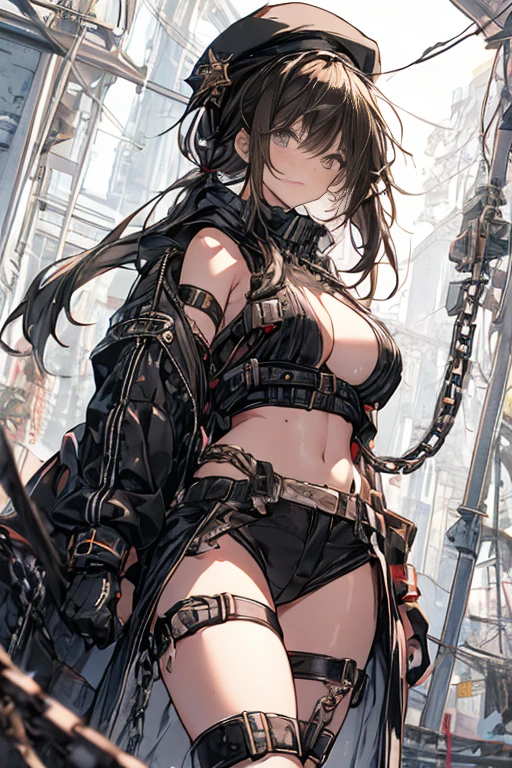 ubel,dark green hair,long hair,side ponytail,hair between eyes,bangs, BREAK (beret, black jacket, open clothes, cleavage, midriff, black shorts, black thighhighs, thigh strap, fingerless gloves, single glove:1.2), Photo,sharpness, F1.6 lens,hyper-realistic textures,spectacular light textures, Cinestil 800 Fashion Mechanics,(((Beautiful woman with left leg restrained and hung by chains))),Appearance,Beautiful girl with accentuated slender abs: 1.1,six-pack abs: 1.1, Bust Botox,Standing on tiptoe, long legs,Long brown hair fluttering in the wind,Brown hair, Long hair, Female Warrior Costume,(No panties,No bra),(tacticul battle fashion,elbow and knee tacticul battle fashion, battle glove: 1.1),((cute batre costume)),The belly comes out and the navel is visible,Thin sheer costume, combat gloves,shredded costumes,cyber long combat boots with golden knee pads,Anatomical,(futuristic sci-fi battle fashion, new elbow and knee cyberpads, new cyberlong boots, new cybergloves: 1.1),(tied perfectly by iron chain), Restraint, Slave, collars, contempt, (Chained), 4 chains hung from heaven, Metallic shackles and fetters, wet crotch clearly visible,((Hands are restrained above the head)), the neck is chained,Chain from left knee to heaven,Chained by rusty iron chains,((the tip is protruding, areolas protruding,The shape of the pubic area is clearly visible:1.2)),Sweating,Wet,Wet crotch,Wet thighs,Junkyard, Realistic, (cute, perfect clothes, skimpy clothes, cute: 1.3) ,Vast miritary base in us,((wide mirtary hospital with summer sunlight)), peeling ceilings, Rebar between, Realistic material details, Extreme details, Ultra-realistic materials,narrow waist,(with sparkling eyes and a contagious smile:0.9),looking at viewer,