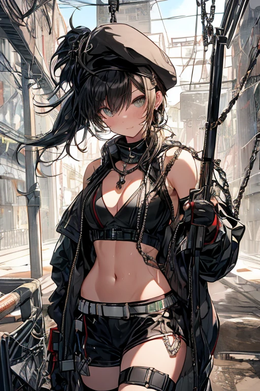 ubel,dark green hair,long hair,side ponytail,hair between eyes,bangs, BREAK (beret, black jacket, open clothes, cleavage, midriff, black shorts, black thighhighs, thigh strap, fingerless gloves, single glove:1.2), Photo,sharpness, F1.6 lens,hyper-realistic textures,spectacular light textures, Cinestil 800 Fashion Mechanics,(((Beautiful woman with left leg restrained and hung by chains))),Appearance,Beautiful girl with accentuated slender abs: 1.1,six-pack abs: 1.1, Bust Botox,Standing on tiptoe, long legs,Long brown hair fluttering in the wind,Brown hair, Long hair, Female Warrior Costume,(No panties,No bra),(tacticul battle fashion,elbow and knee tacticul battle fashion, battle glove: 1.1),((cute batre costume)),The belly comes out and the navel is visible,Thin sheer costume, combat gloves,shredded costumes,cyber long combat boots with golden knee pads,Anatomical,(futuristic sci-fi battle fashion, new elbow and knee cyberpads, new cyberlong boots, new cybergloves: 1.1),(tied perfectly by iron chain), Restraint, Slave, collars, contempt, (Chained), 4 chains hung from heaven, Metallic shackles and fetters, wet crotch clearly visible,((Hands are restrained above the head)), the neck is chained,Chain from left knee to heaven,Chained by rusty iron chains,((the tip is protruding, areolas protruding,The shape of the pubic area is clearly visible:1.2)),Sweating,Wet,Wet crotch,Wet thighs,Junkyard, Realistic, (cute, perfect clothes, skimpy clothes, cute: 1.3) ,Vast miritary base in us,((wide mirtary hospital with summer sunlight)), peeling ceilings, Rebar between, Realistic material details, Extreme details, Ultra-realistic materials,narrow waist,(with sparkling eyes and a contagious smile:0.9),looking at viewer,
