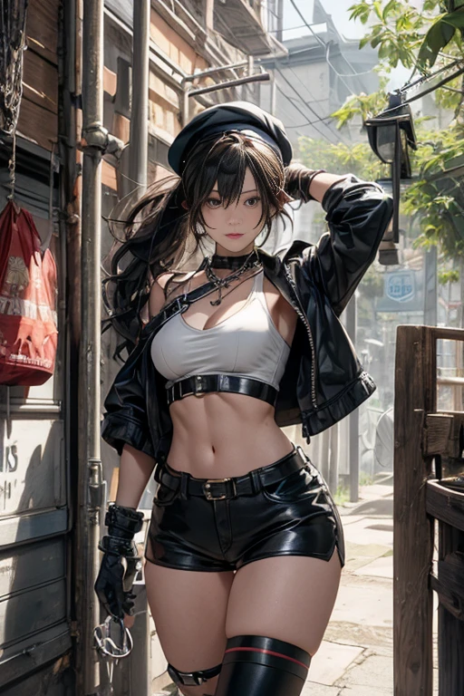 ubel,dark green hair,long hair,side ponytail,hair between eyes,bangs, BREAK (beret, black jacket, open clothes, cleavage, midriff, black shorts, black thighhighs, thigh strap, fingerless gloves, single glove:1.2), Photo,sharpness, F1.6 lens,hyper-realistic textures,spectacular light textures, Cinestil 800 Fashion Mechanics,(((Beautiful woman with left leg restrained and hung by chains))),Appearance,Beautiful girl with accentuated slender abs: 1.1,six-pack abs: 1.1, Bust Botox,Standing on tiptoe, long legs,Long brown hair fluttering in the wind,Brown hair, Long hair, Female Warrior Costume,(No panties,No bra),(tacticul battle fashion,elbow and knee tacticul battle fashion, battle glove: 1.1),((cute batre costume)),The belly comes out and the navel is visible,Thin sheer costume, combat gloves,shredded costumes,cyber long combat boots with golden knee pads,Anatomical,(futuristic sci-fi battle fashion, new elbow and knee cyberpads, new cyberlong boots, new cybergloves: 1.1),(tied perfectly by iron chain), Restraint, Slave, collars, contempt, (Chained), 4 chains hung from heaven, Metallic shackles and fetters, wet crotch clearly visible,((Hands are restrained above the head)), the neck is chained,Chain from left knee to heaven,Chained by rusty iron chains,((the tip is protruding, areolas protruding,The shape of the pubic area is clearly visible:1.2)),Sweating,Wet,Wet crotch,Wet thighs,Junkyard, Realistic, (cute, perfect clothes, skimpy clothes, cute: 1.3) ,Vast miritary base in us,((wide mirtary hospital with summer sunlight)), peeling ceilings, Rebar between, Realistic material details, Extreme details, Ultra-realistic materials,narrow waist,(with sparkling eyes and a contagious smile:0.9),looking at viewer,
