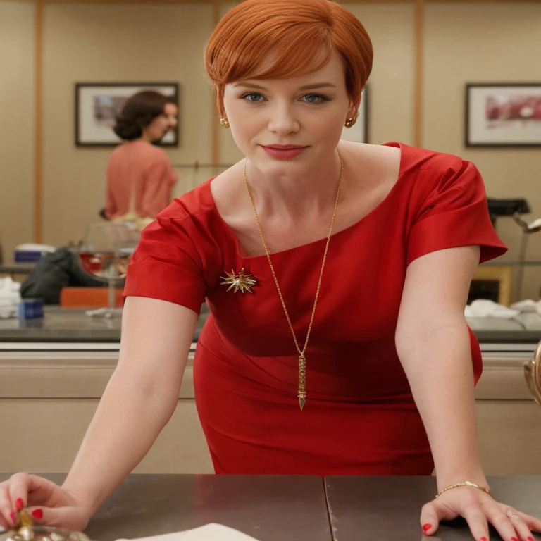 chr1sh3n as Joan Holloway, red dress, cleavage, red hair, perfect hands, make-up, in her 20's, Christina Hendricks, youthful, sexy, standing, 