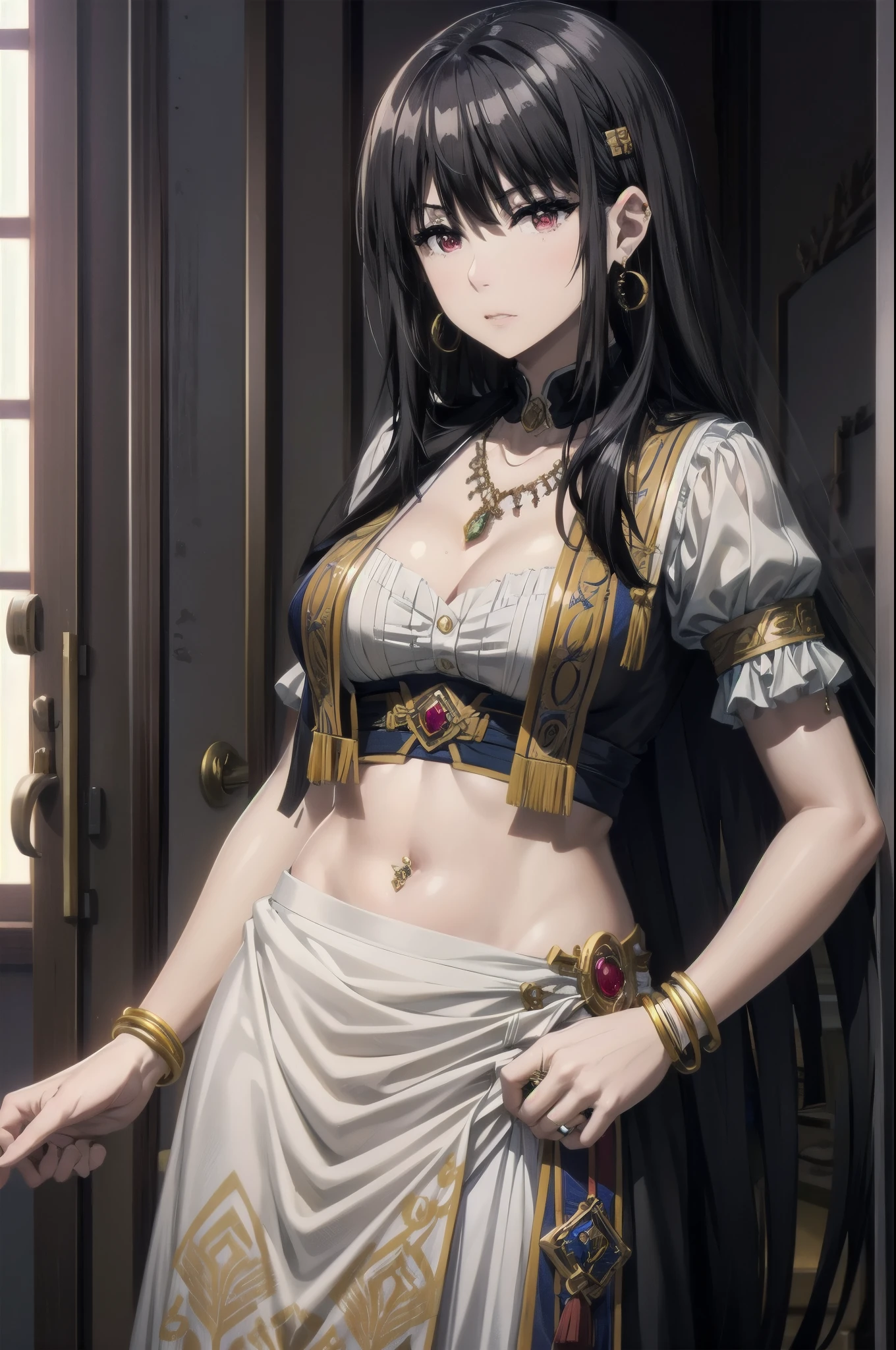full display of temple jewelry, a pair of earrings, necklace, bangles, navel piercing, ring, maang tikka highly detailed vray render, flash, high quality, 18k,, long hair, multicolored dress, hair ornament, golden embroidery, ancient indian, midriff peek, waist jewelry, (nose pin), armlet with golden chains, (close-up), golden shawl with intricate leaf embroidery, embroidered dress, (kamarband:1.1), veil over eyes,1girl,black hair,red eyes,medium breast,narrow waist,
