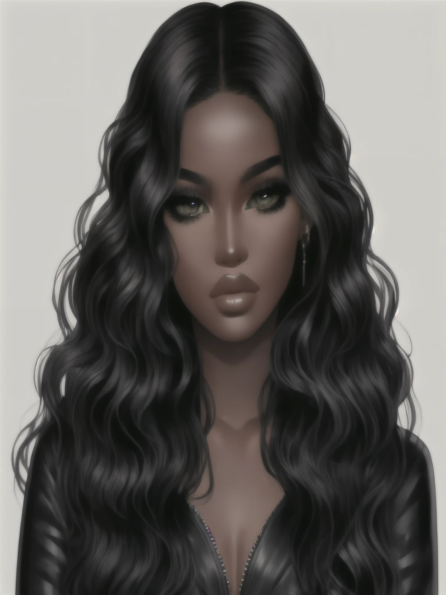 mujer con cabello largo y negro y ojos verdes, pelo largo y negro detallado, ( ( piel oscura ) ), pelo negro ondulado, piel oscura tone, Chica negro, pelo largo y rizado negro, piel oscura, in digital illustration style, oveja, cara realista detallada, pelo largo y negro ondulado, tono de piel negro oscuro, matte digital illustration