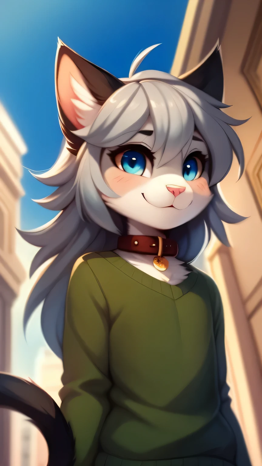 Nervous smiling, uploaded the e621, beautiful and detailed, man (((male))) ((anthro)) Cat, (Cat boy), by waspsalad, by phluks, by zero-sum, cinematic lighting, Cat, (anthro, fluffy fur, character focus:0.7), 1boy, anthro cat boy, body fur, gray fur, gray body, gray hair, long hair, curvy, sexy, nice, cute, hot, digital drawing, (half-closed eyes), blue eyes, green sweater, collar, penis, low-angle view, bottomless