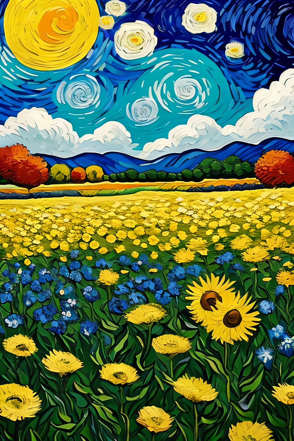 background create work of art, van gogh style, large flowers in the foreground, taking up all the space on the screen