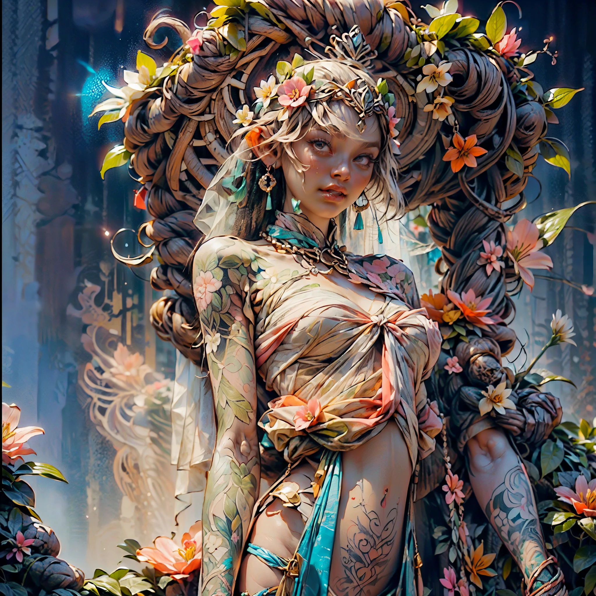 ((Create a picture, a masterpiece), (1 girl - standing at full height, relaxed pose), (Girl with long pink hair, crown, princess, detail), (1 girl, tattoos, glowing tattoos, shiny, white-fluffy 16 +), (pink transparent short dress-clothes)) (sexy, erotic), (cute style, colorful))_((long pink hair, braided), (Best quality ), (intricate details))_((Red and white clothes)), ((clothes)), ((thigh-high stockings)), ((Round eyes)), ((Beautiful face, happy, cute face)), (pin-up, perfect face, portrait on a plain background, postcards, bubblegum))_((tattoos, down clothes:1.2))_((green:1.5, orange:1.1, white:1.3, yellow:1,3), (flowers, leaves, fog, lines, circles, background)) _((stylization; clear line, clear outline, high-quality line drawing))_((simple color palettes), (color fill, Saturation of color, harmony, balance), (rich pastel colors, Pure colors))_((sexy, erotic), (simple), (Necklaces and thin rings made of silver or gold), (bracelets, unusual designs))_(( background), (skulls, Flowers), (abstract), (stunning flowers), (lilies, extremely unusual, long stems - large stems, skulls, Flowers)).