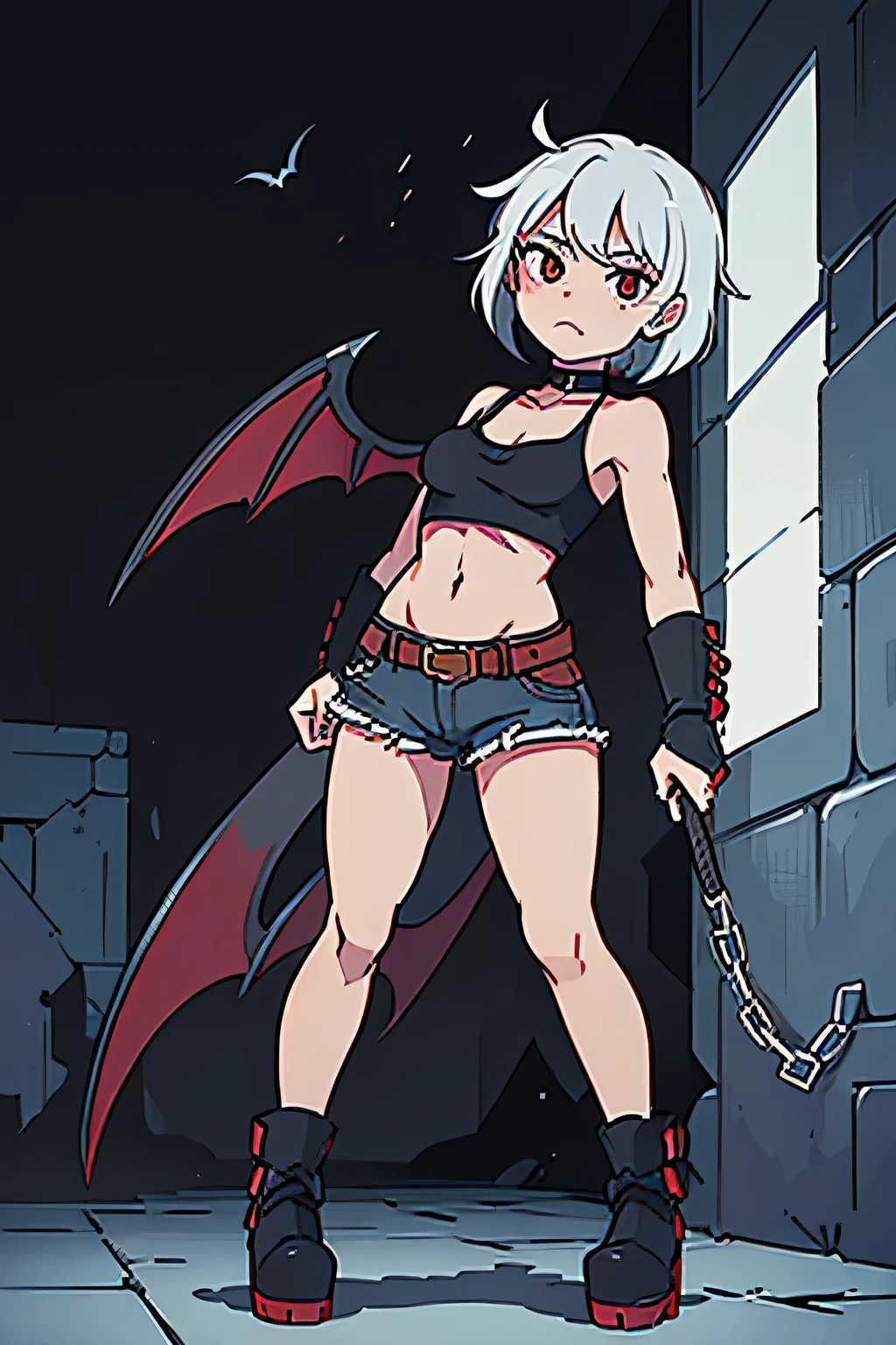 8k, high resolution,tonificado legs,low angle, Draw a muscular demon girl with short white hair, wearing gothic clothes and platform boots. She should have gray skin and red eyes. Additionally, give her bat wings. I want her to wear black denim shorts with a leather belt and chains attached to it. Also, I want her to wear a spiked choker and a leather jacket with a black top underneath. Add black steel gauntlets. Make sure the drawing style is inspired by anime.