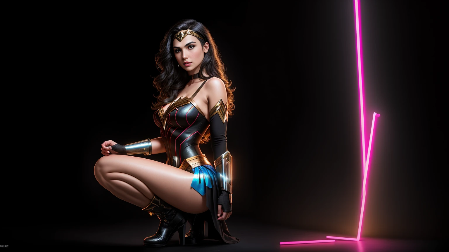 there IS GAL GADOT AS WONDER WOMAN squatting, long hair, 3 d neon art of a womans body, neon-noir background, cyberpunk femme fatale, seductive cyberpunk dark fantasy, cyberpunk strip clubs, cyberpunk 20 y. o model girl, oppai cyberpunk, banner, high definition cgsociety, cgsociety masterpiece, trending on cgstation, kda, random hair, looking at camera, gigantic breasts, cleavage, (high detailed skin:1.2), 8k uhd, dslr, super lighting, high quality, film grain, high res, highly detailed, hyper realistic, beautiful face, beautiful body, beautiful eyes nose lips, alluring expression, very bold, upper visible, full body photo, standing legs apart, pale translucent glowing skin, most beautiful face, cute, (well defined pubic hair:1.2)), (dark plain black background:1.4))