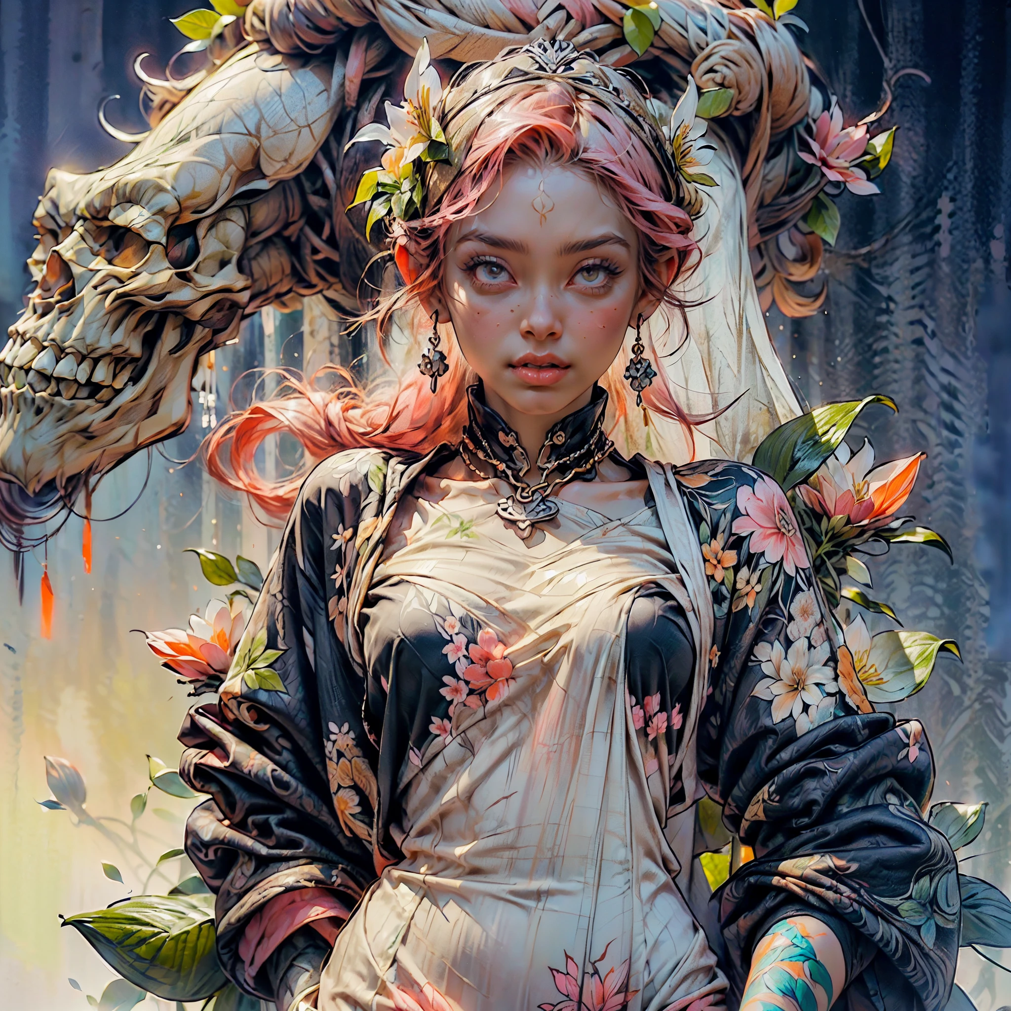 ((Create a picture, a masterpiece), (1 girl - standing at full height, relaxed pose), (Girl with long pink hair, crown, princess, detail), (1 girl, tattoos, glowing tattoos, shiny, white-fluffy 16 +), (pink transparent short dress-clothes)) (sexy, erotic), (cute style, colorful))_((long pink hair, braided), (Best quality ), (intricate details))_((Red and white clothes)), ((clothes)), ((thigh-high stockings)), ((Round eyes)), ((Beautiful face, happy, cute face)), (pin-up, perfect face, portrait on a plain background, postcards, bubblegum))_((tattoos, down clothes:1.2))_((green:1.5, orange:1.1, white:1.3, yellow:1,3), (flowers, leaves, fog, lines, circles, background)) _((stylization; clear line, clear outline, high-quality line drawing))_((simple color palettes), (color fill, Saturation of color, harmony, balance), (rich pastel colors, Pure colors))_((sexy, erotic), (simple), (Necklaces and thin rings made of silver or gold), (bracelets, unusual designs))_(( background), (skulls, Flowers), (abstract), (stunning flowers), (lilies, extremely unusual, long stems - large stems, skulls, Flowers)).