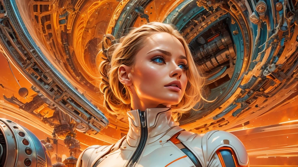 arafed image of a white woman in a futuristic suit with a spaceship in the background, movie art, in front of an orange background, inspired by Robert McGinnis, female protagonist, megastructure in the background, portrait of an ai astronaut, astronauts, an astronaut, portrait of a astronaut skeletor, perfect android girl, detailed eyes, perfectly detailed teeth, frank franzzeta and sakimichan  