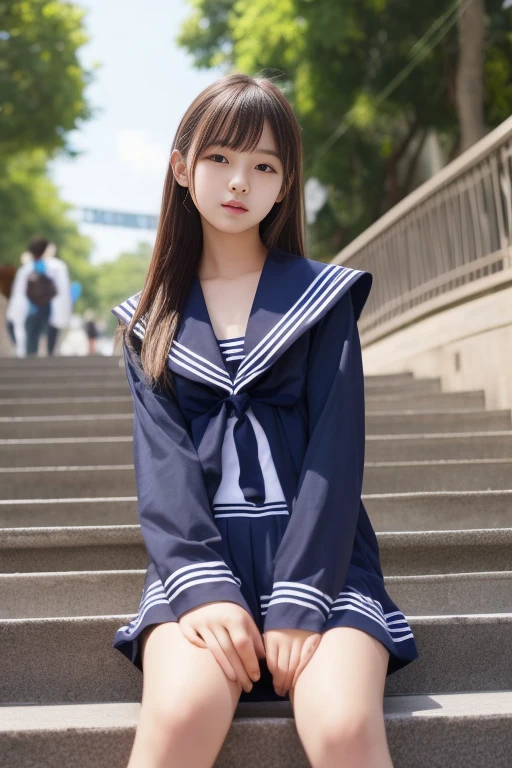 1 girl、((Sailor suit))、Japanese、 uniform、Busy Street、Sit on the stairs、( Small breasts)、（Small breasts）、 (highest quality: 1.1)、(Very detailedな肌), (Ultra-high resolution:1.0) ,(Realistic photos:1.0), (Very detailed:1.0), (8k, RAW Photos:1.1)