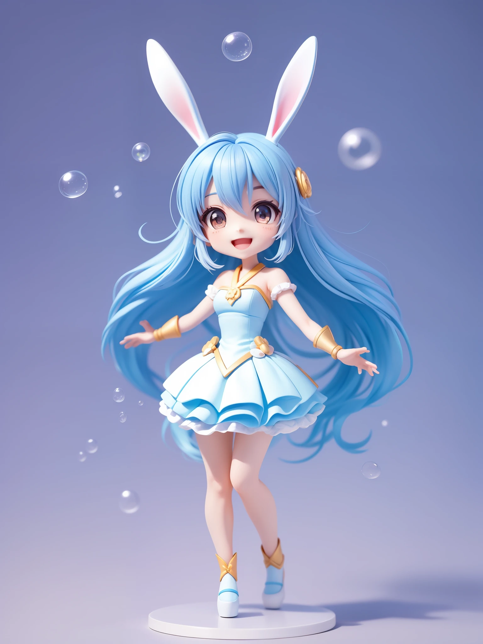 (Daisaku), (Extreme Quality), (Super Meticulous), (Full Body: 1.2), Bubble Mart Style, Chibi, Cute , Smile, Open Mouth, (Beautiful Delicate Face), (Beautiful and Delicate Eyes), blue, bunny ears, blue colors, looking straight, (t-pose), (straight), (symmetrical), no blur